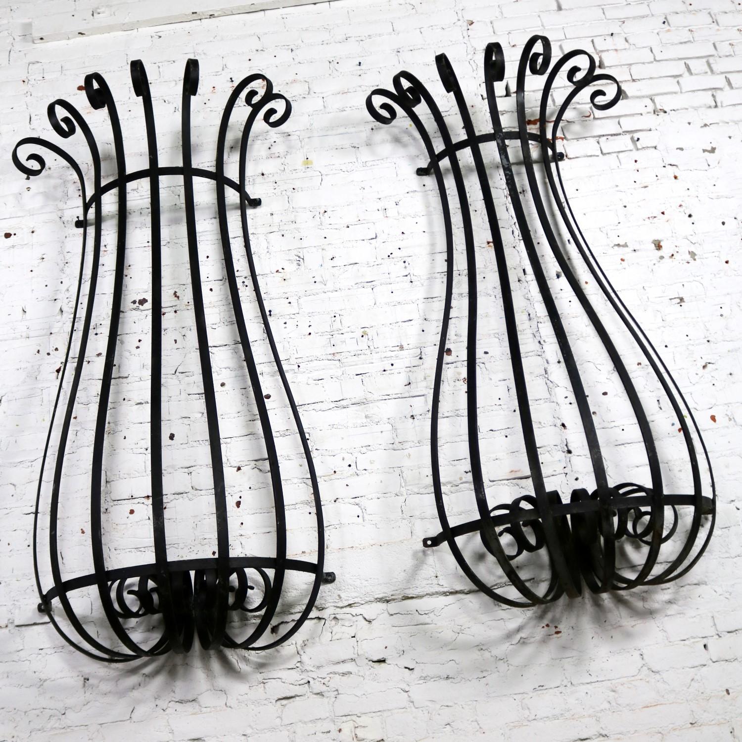 Architectural Antique Window Guards or Wall Urn Planters Hand-Wrought Iron In Good Condition In Topeka, KS