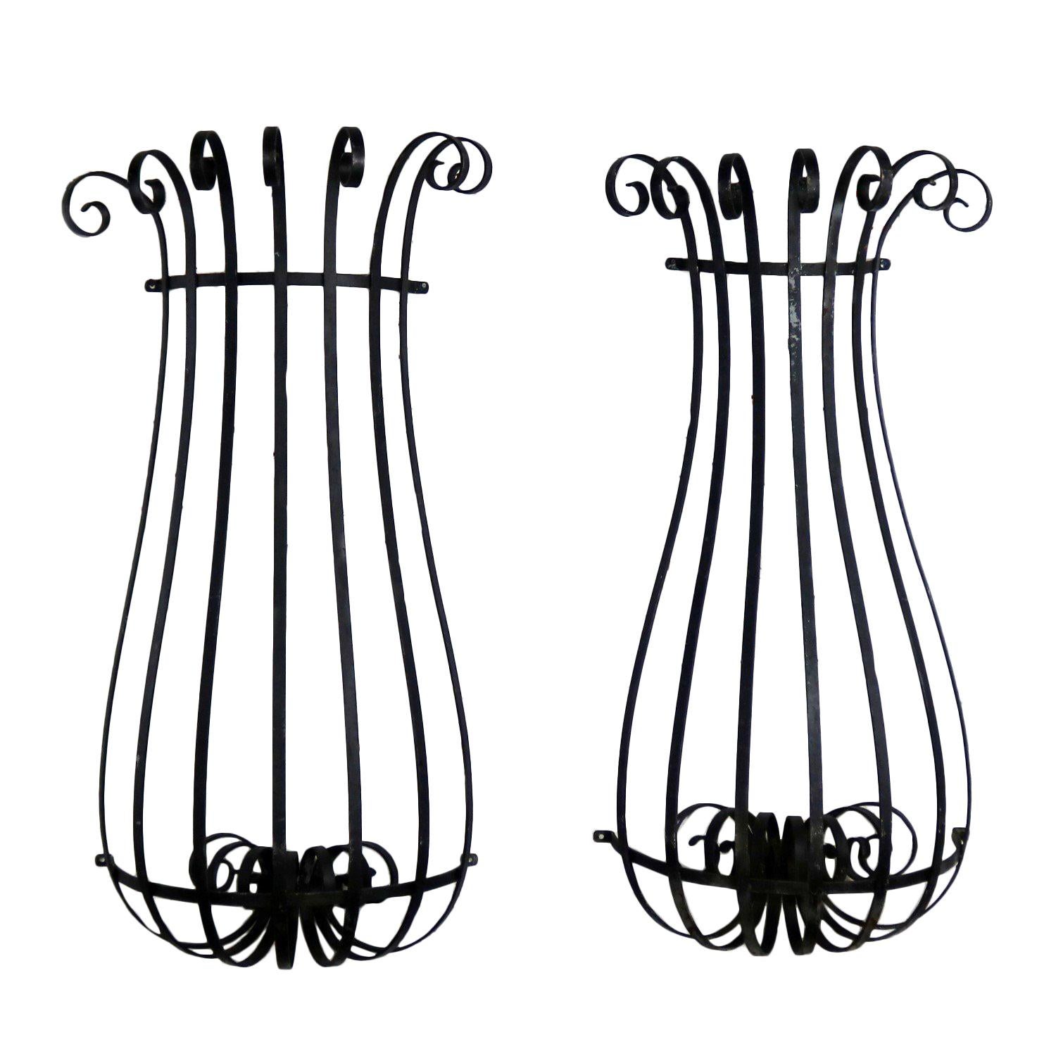 Architectural Antique Window Guards or Wall Urn Planters Hand-Wrought Iron