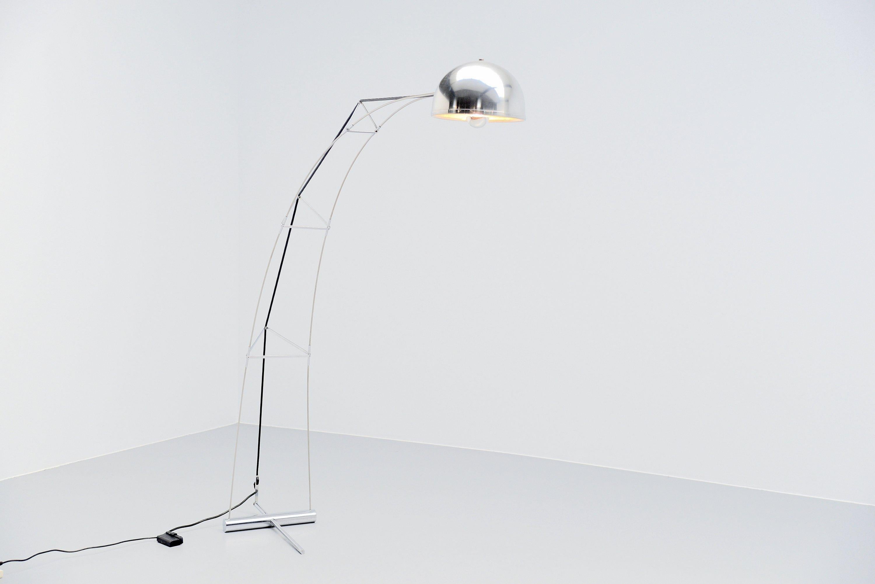 Extraordinary architectural arc floor lamp made by unknown designer and manufacturer but produced in Italy, 1970. The lamp has a very nice constructed frame and an aluminium shade. The frame is chrome plated and is hold into balance because of the