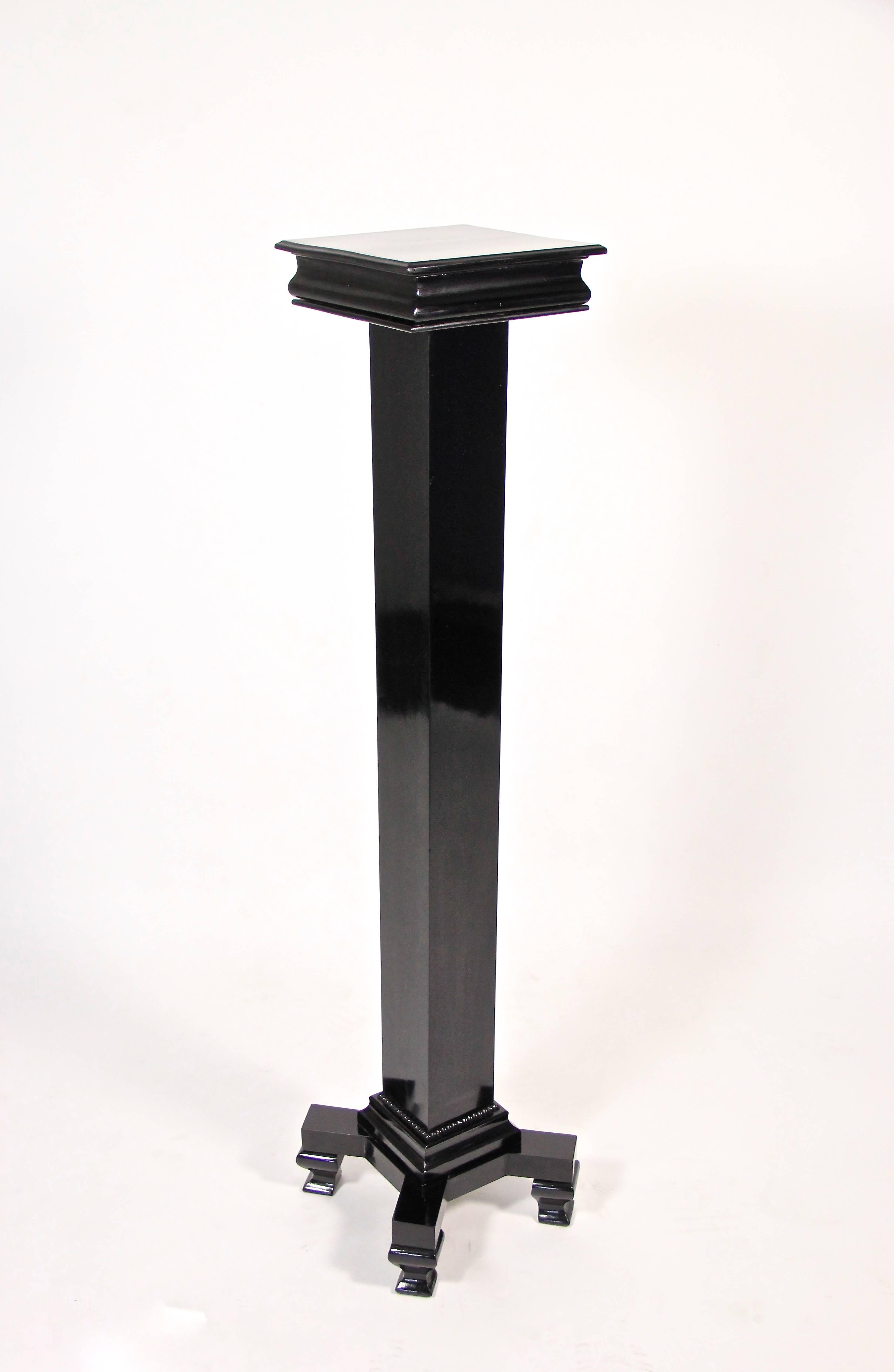 Breathtaking architectural Art Deco pedestal/ column from circa 1920 in Austria made of fine fruitwood. Ebonized and finalized with a glossy hand polished shellac finish, this pedestal impresses with a straight architectural design. Reduced to clear