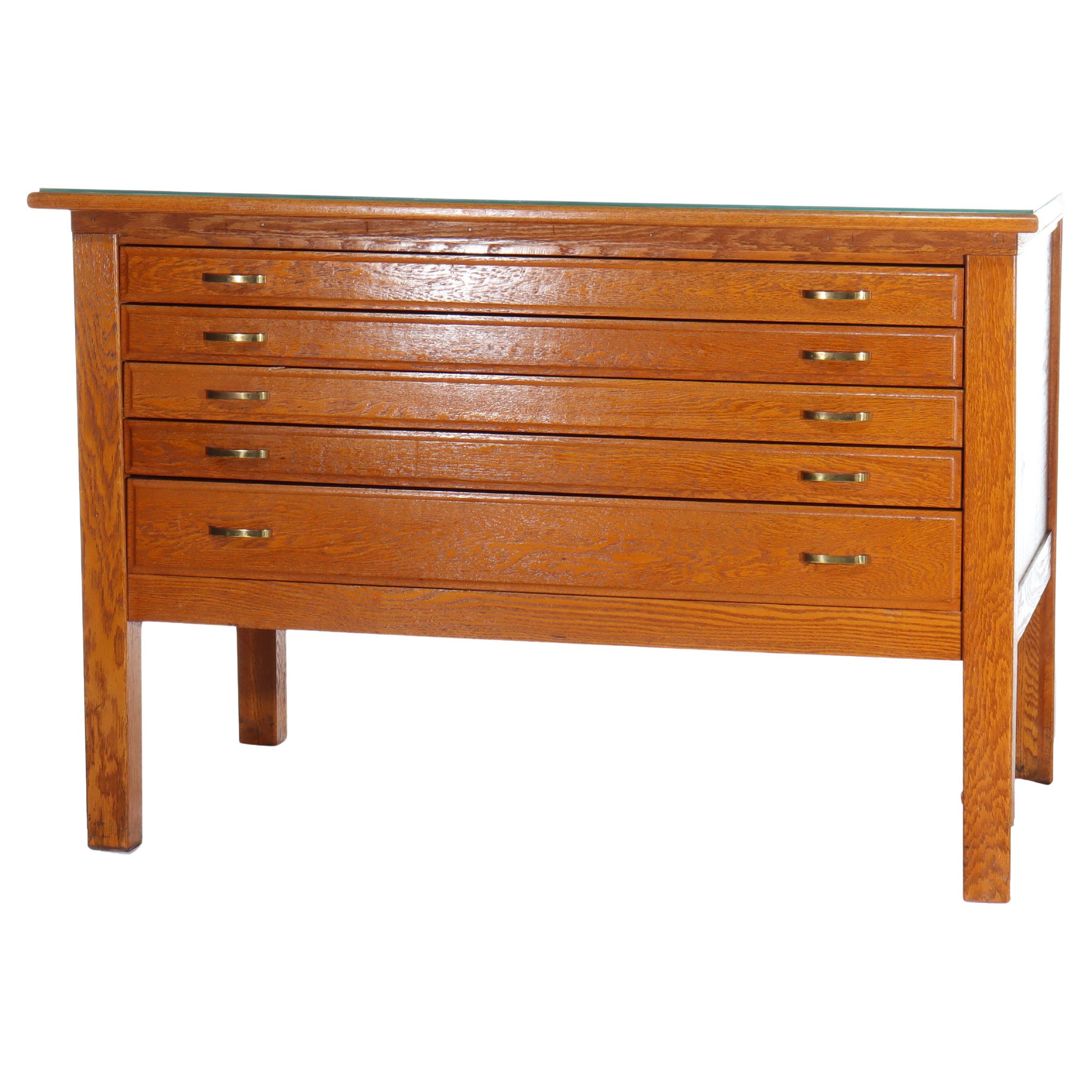 Architectural Arts & Crafts Oak 5-Drawer Map Cabinet C1910