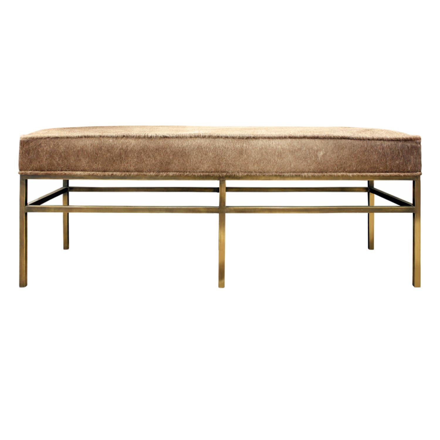 Architectural bench with base in bronze and top upholstered in pony skin, American, 1970s.