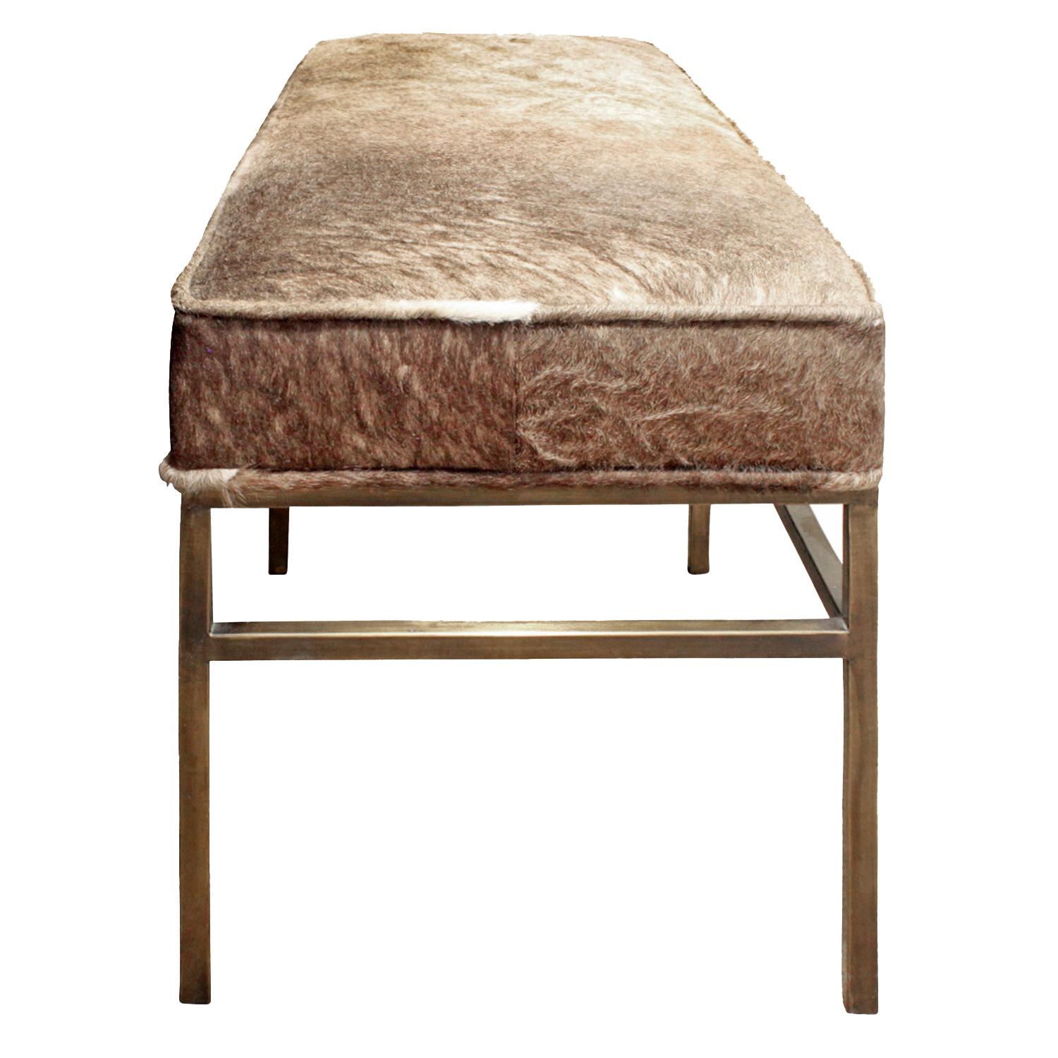 Mid-Century Modern Architectural Bench in Pony Skin with Bronze Base, 1970s
