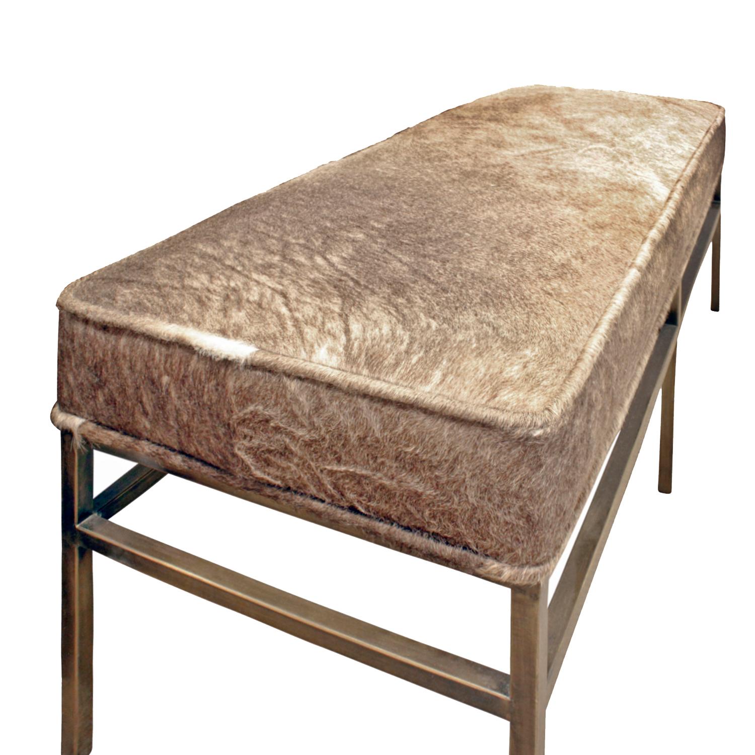 American Architectural Bench in Pony Skin with Bronze Base, 1970s