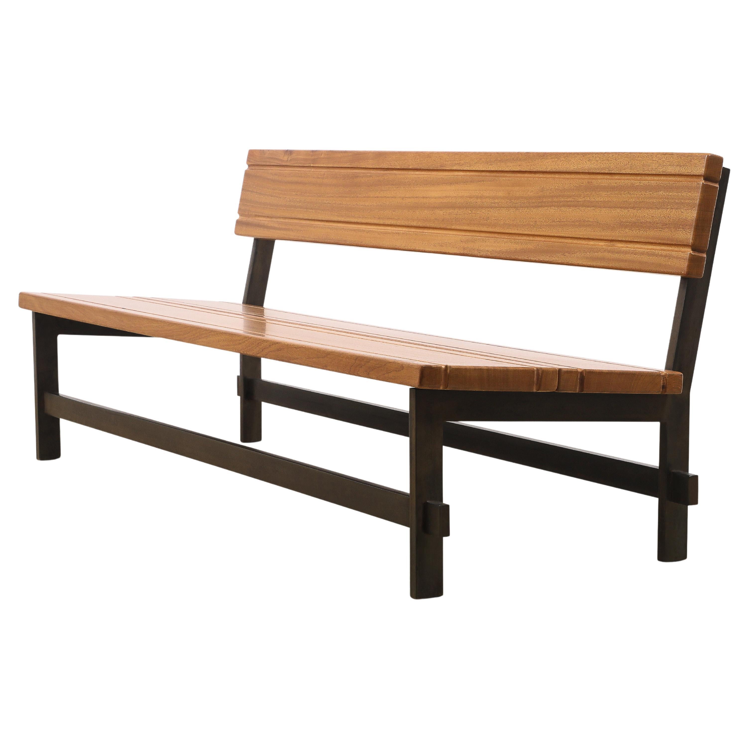 Architectural Bench in Solid Steel and Wood , France 1950's