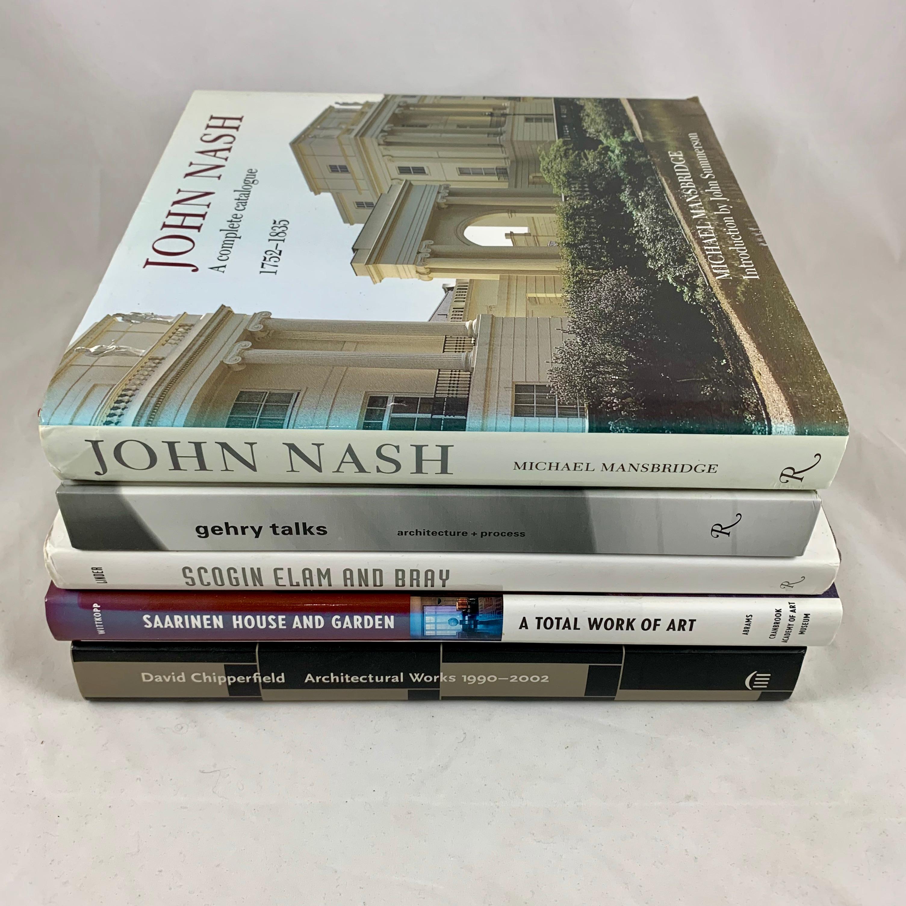 A collection of five hard-bound architecture books full of color photos, illustrations, and blueprints, covering the work of John Nash, Frank Gehry, Eero Saarinen, David Chipperfield, and the firm of Scogin, Elam & Bray.

John Nash – A complete
