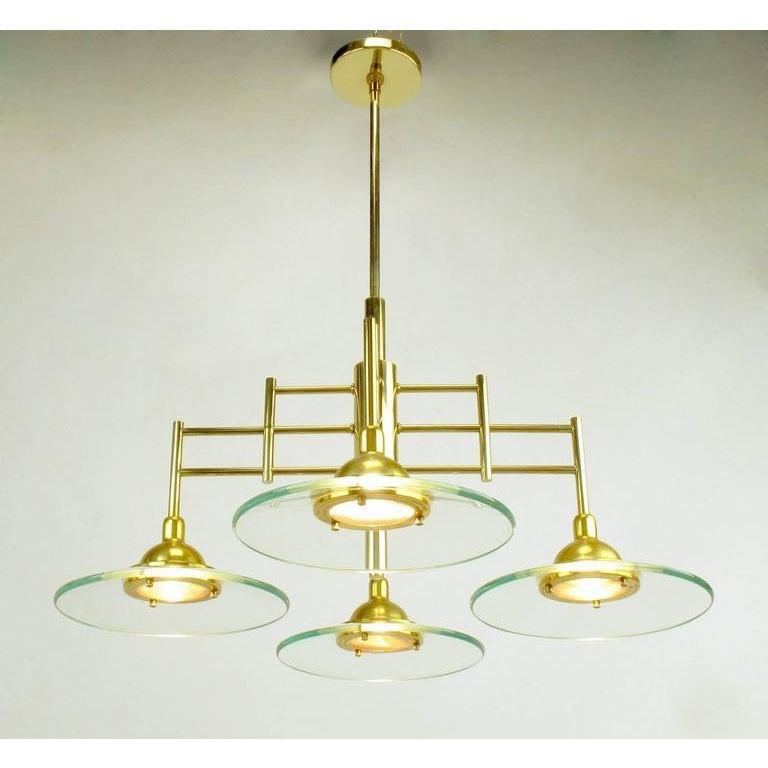 Mid-Century Modern Architectural Brass and Glass Chandelier For Sale