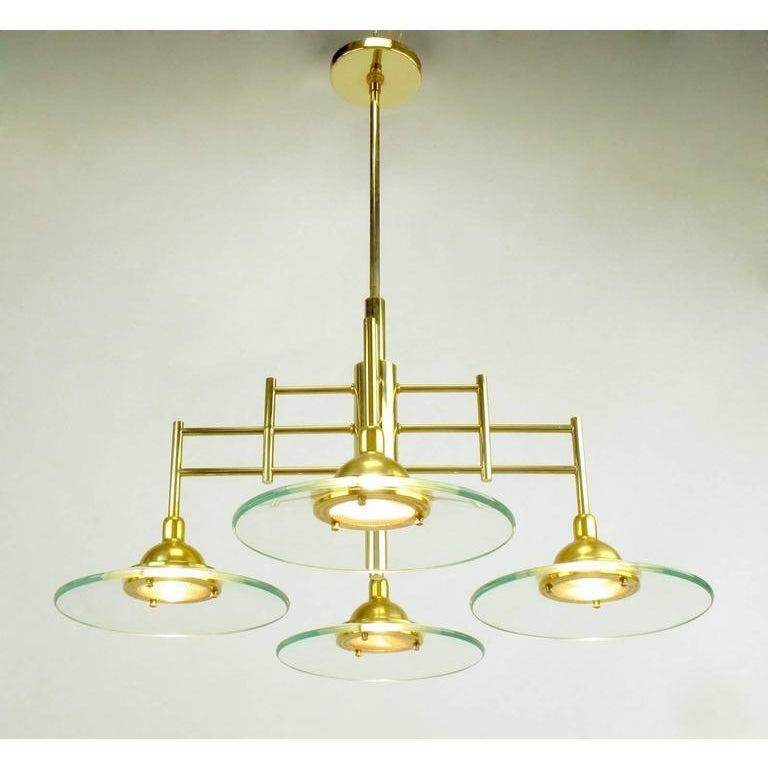 Mid-Century moderno Lampadario Architectural Brass e vetro in vendita