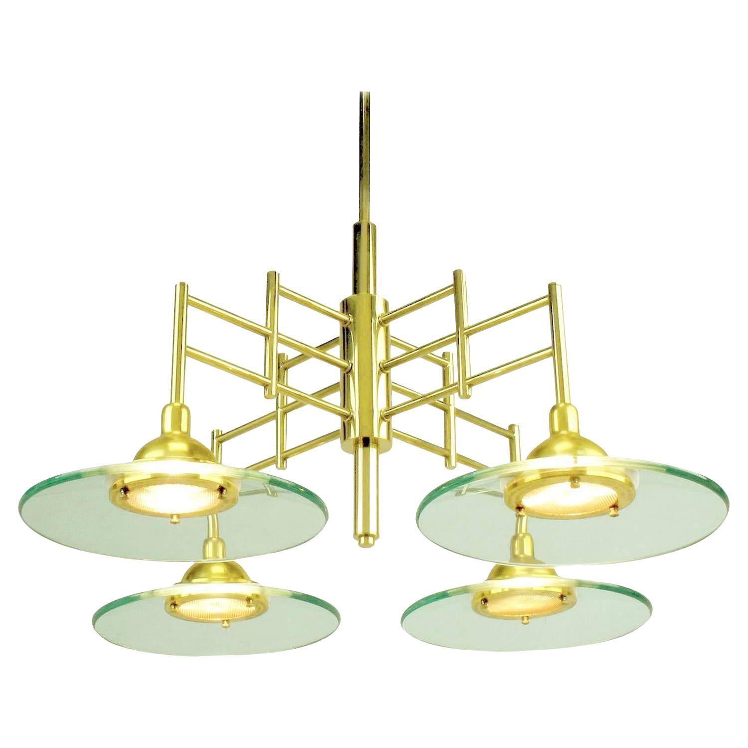 Architectural Brass and Glass Chandelier For Sale