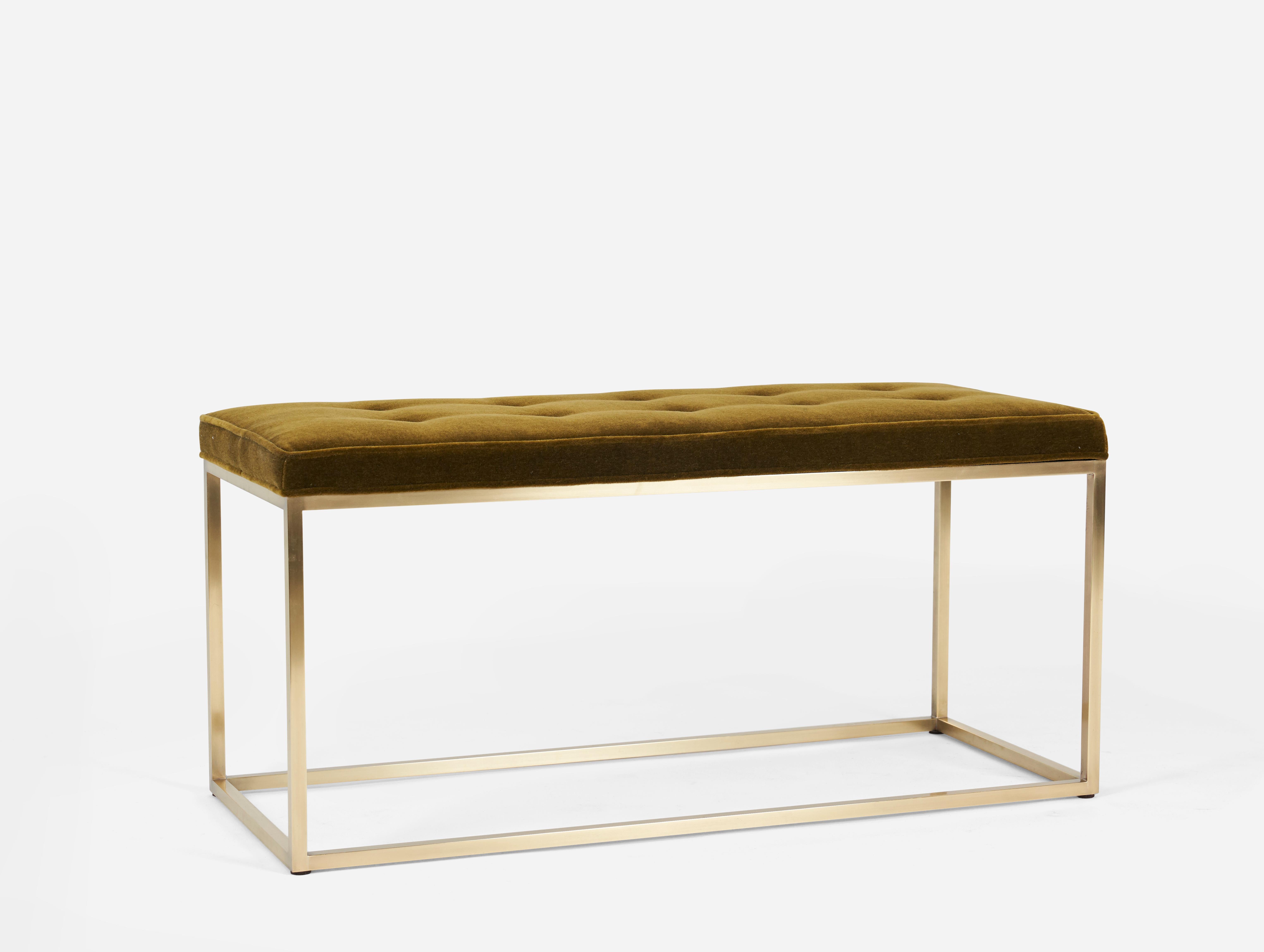 Architectural brass frame bench. Fully restored. New foam and mohair cushion, by Milo Baughman.