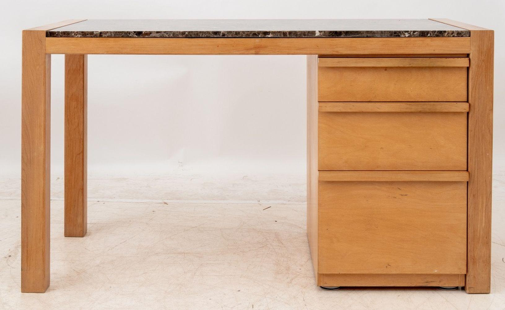 Architectural Brown Marble Top Beech Desk, with separate chest of three drawers. 30