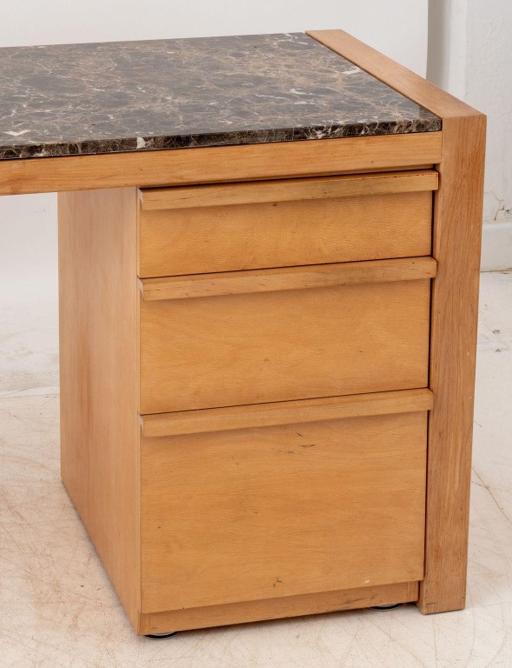 Minimalist Architectural Brown Marble Top Beech Desk For Sale