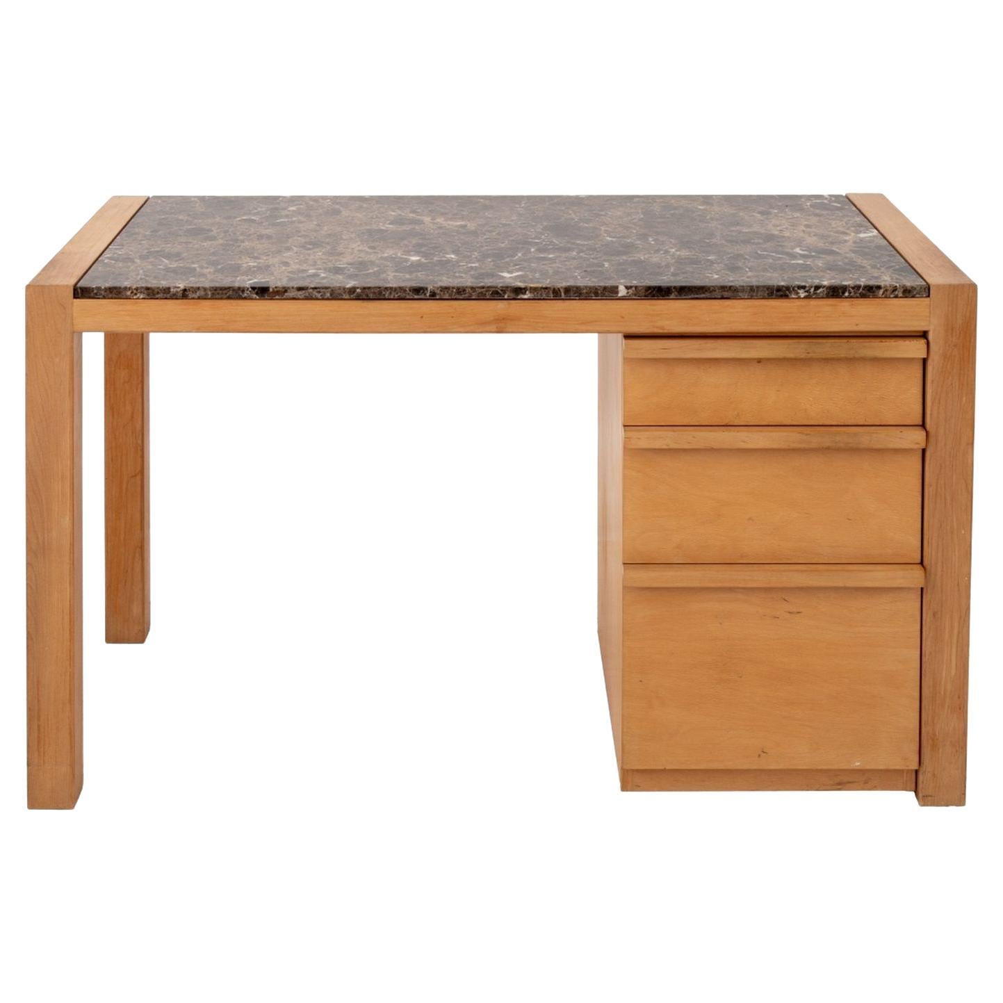 Architectural Brown Marble Top Beech Desk For Sale