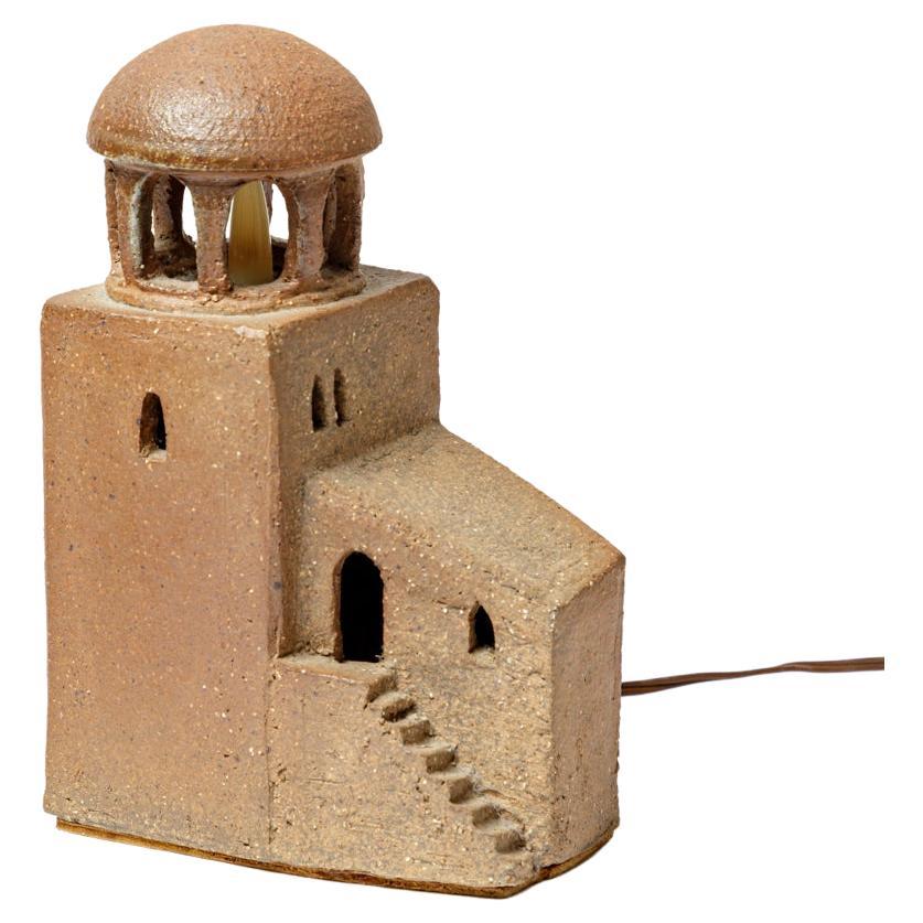 Architektonische Tischlampe aus braunem Steingut von M. Jacquinot La Borne 1980 im Angebot