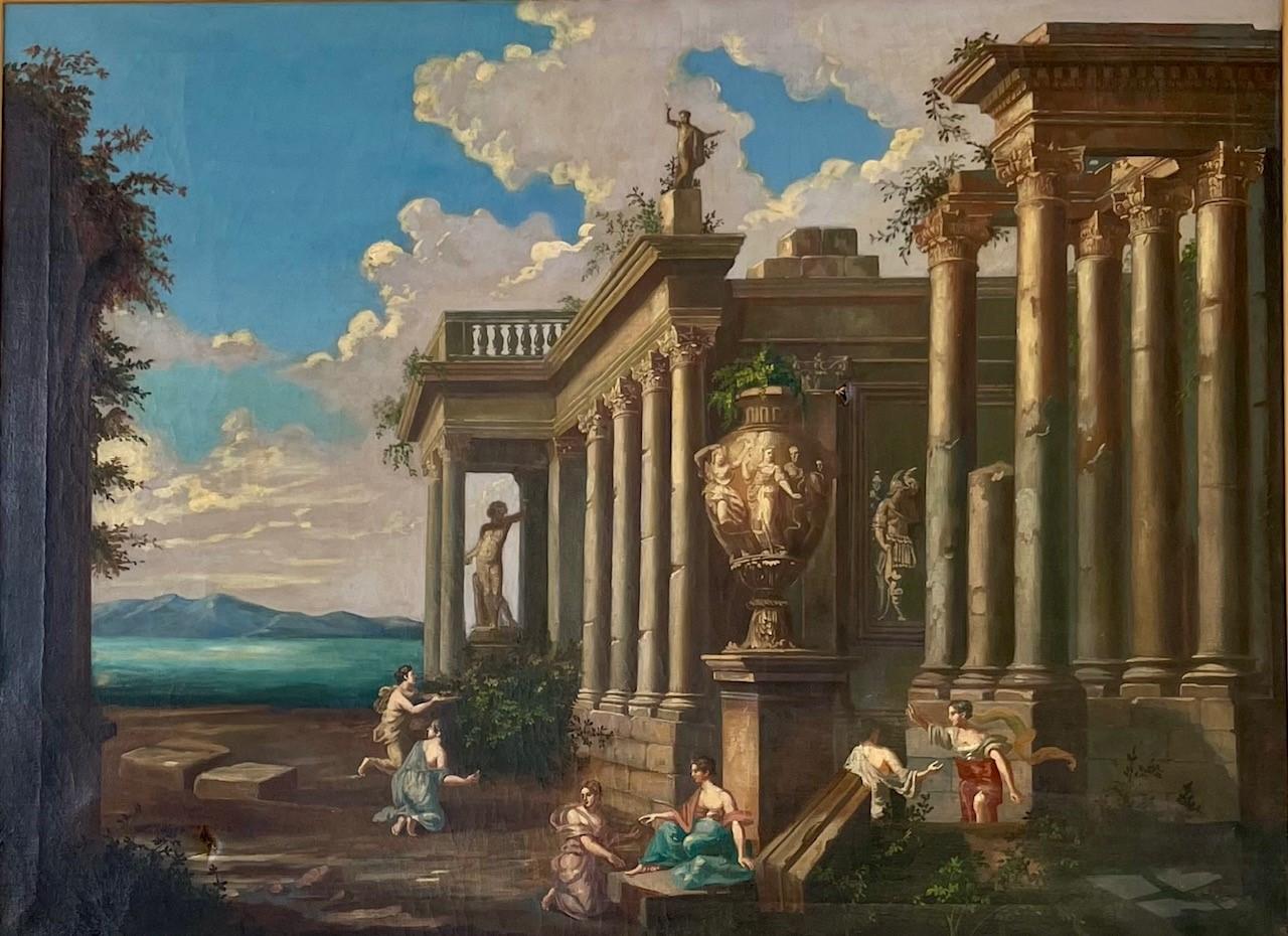 Architectural Capriccio of Roman Ancient Ruins with Figures.

Italian, 18th century large painting in oil on canvas is from the school of Giovanni Paolo Panini and a fine example of architectural fantasy. It is an excellent, quality work. Although