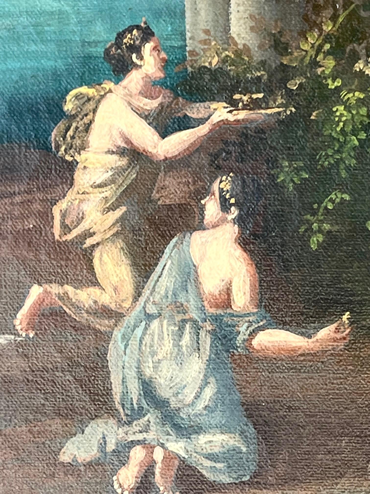 Peint à la main Capriccio d'anciennes ruines romaines avec personnages en vente