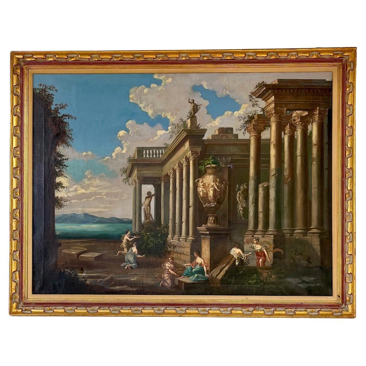 Architectural Capriccio of Roman Ancient Ruins with Figures For Sale