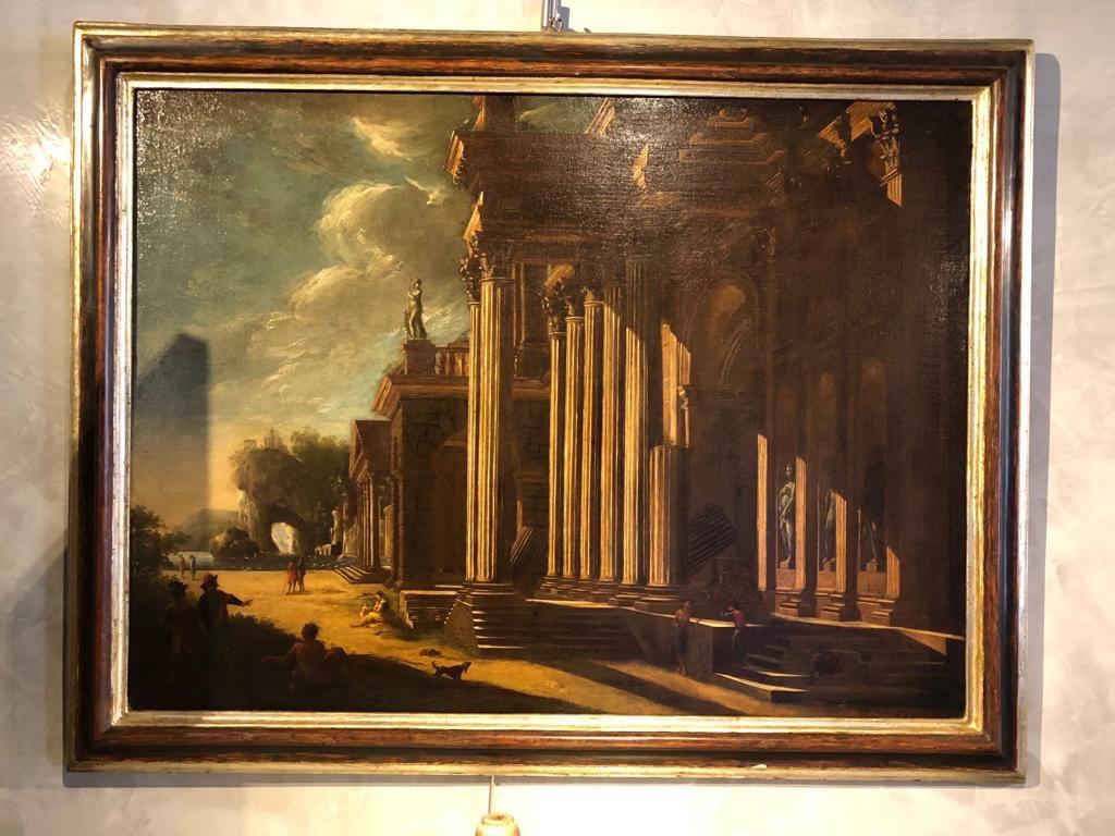 Ancient painting, Architectural Capriccio with ruins and herds. 
Measurements: 111 x 87 to the included frame 
This painting is an example of an 18th century architectural 