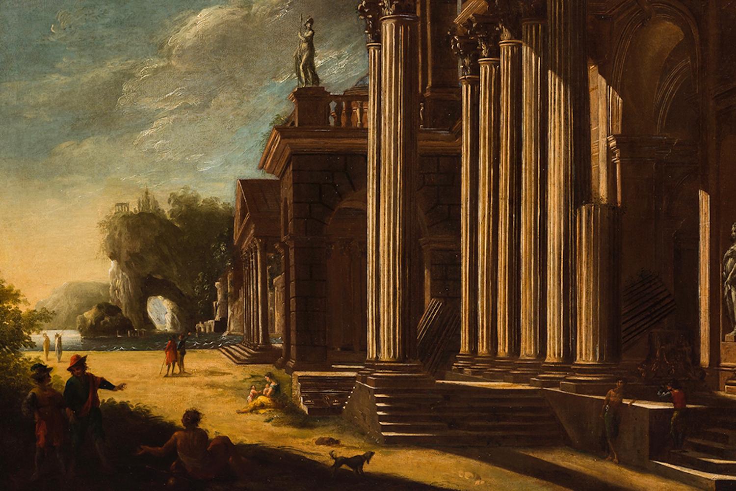 Hand-Painted Architectural Capriccio Ruins and Herds Painting, 18th Century, Unsigned, Italy