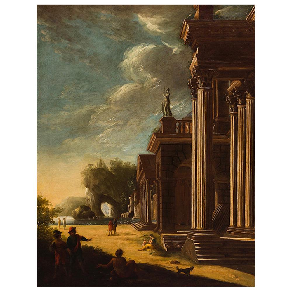 Architectural Capriccio Ruins and Herds Painting, 18th Century, Unsigned, Italy