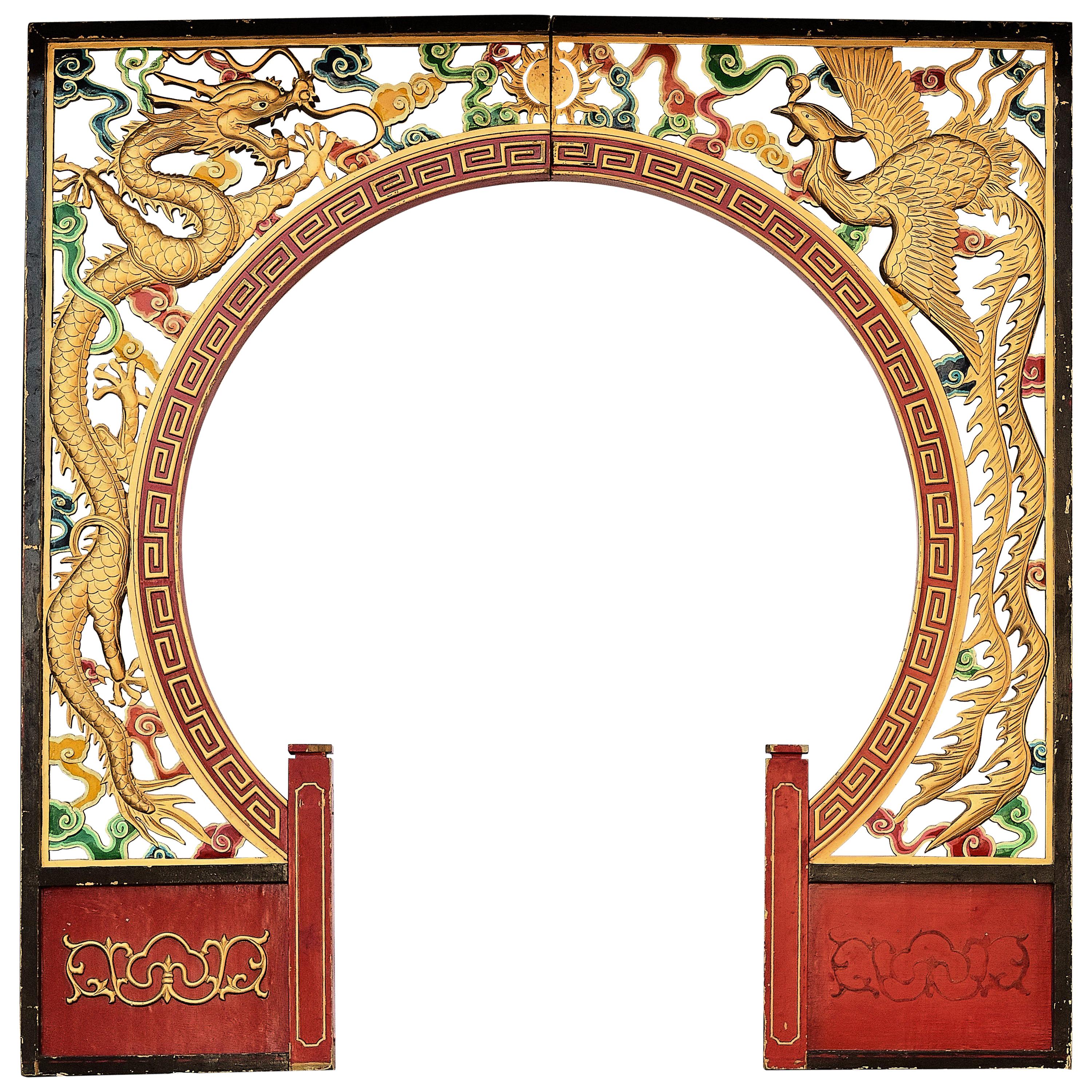 Architectural Carved Chinese Dragon and Phoenix Gold-Tone Archway