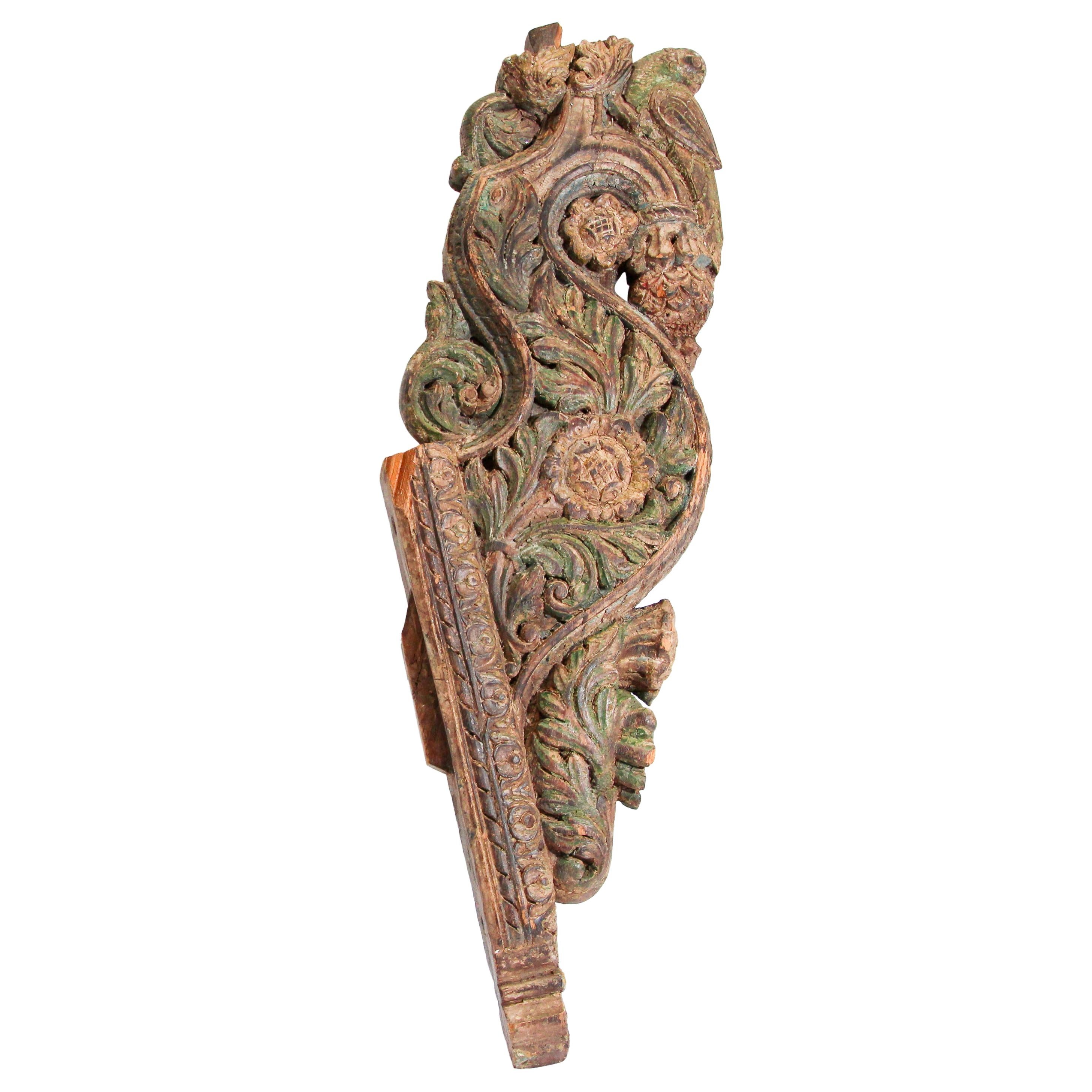 Architectural Carved Wood Temple Fragment from India