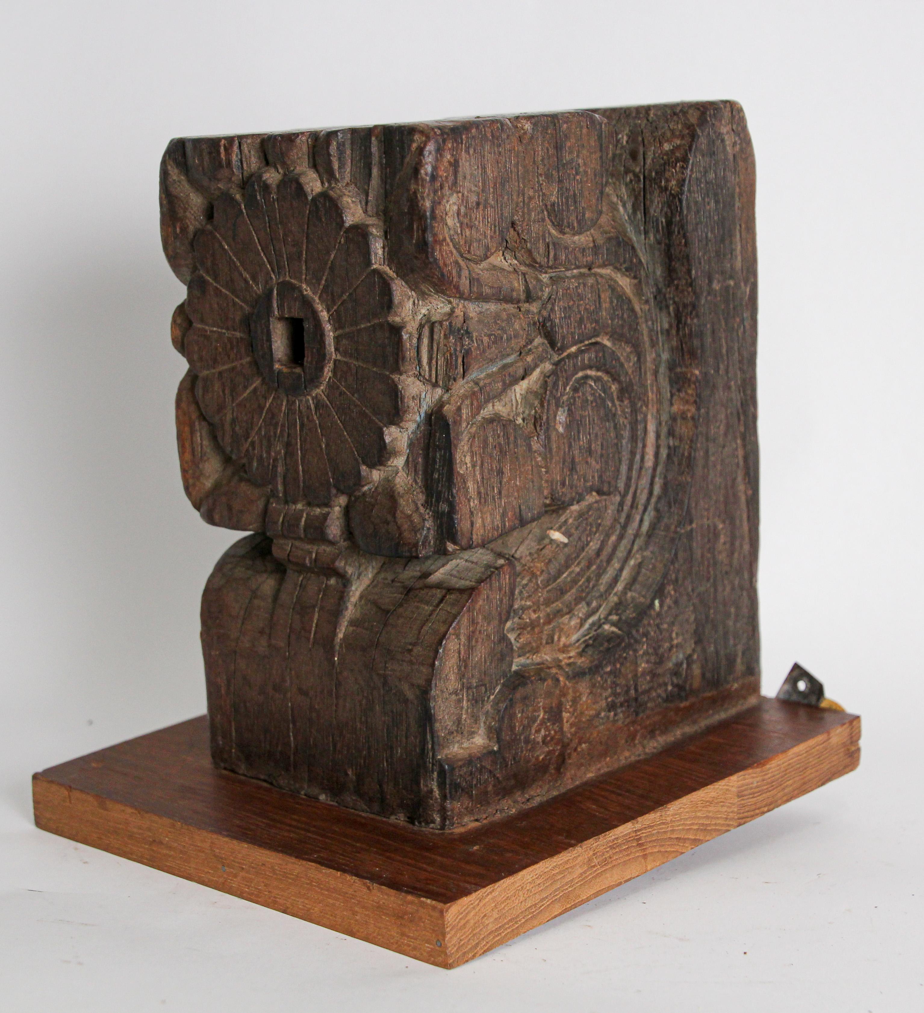 18th Century Architectural Carved Wood Temple Fragment Wall Bracket from India For Sale