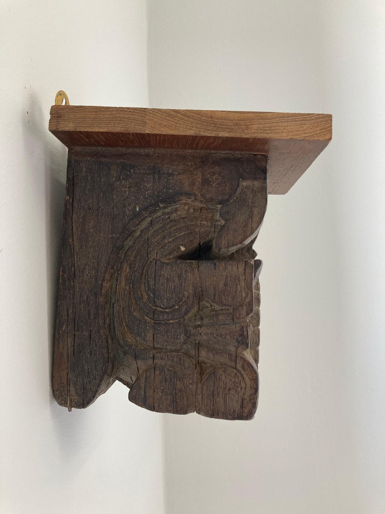 Architectural Carved Wood Temple Fragment Wall Bracket from India For