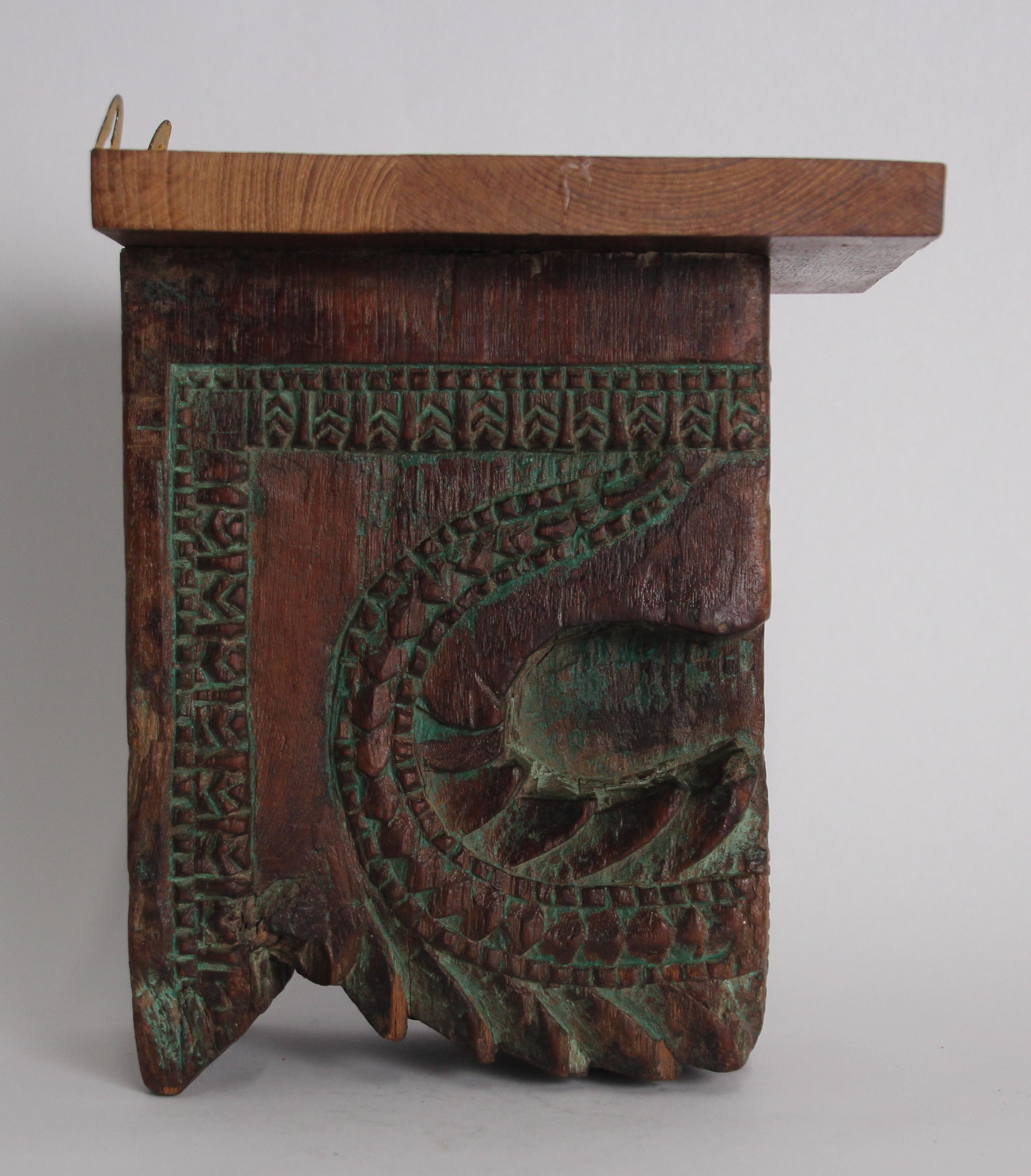 Indian Architectural Carved Wood Temple Fragment Wall Bracket from India For Sale