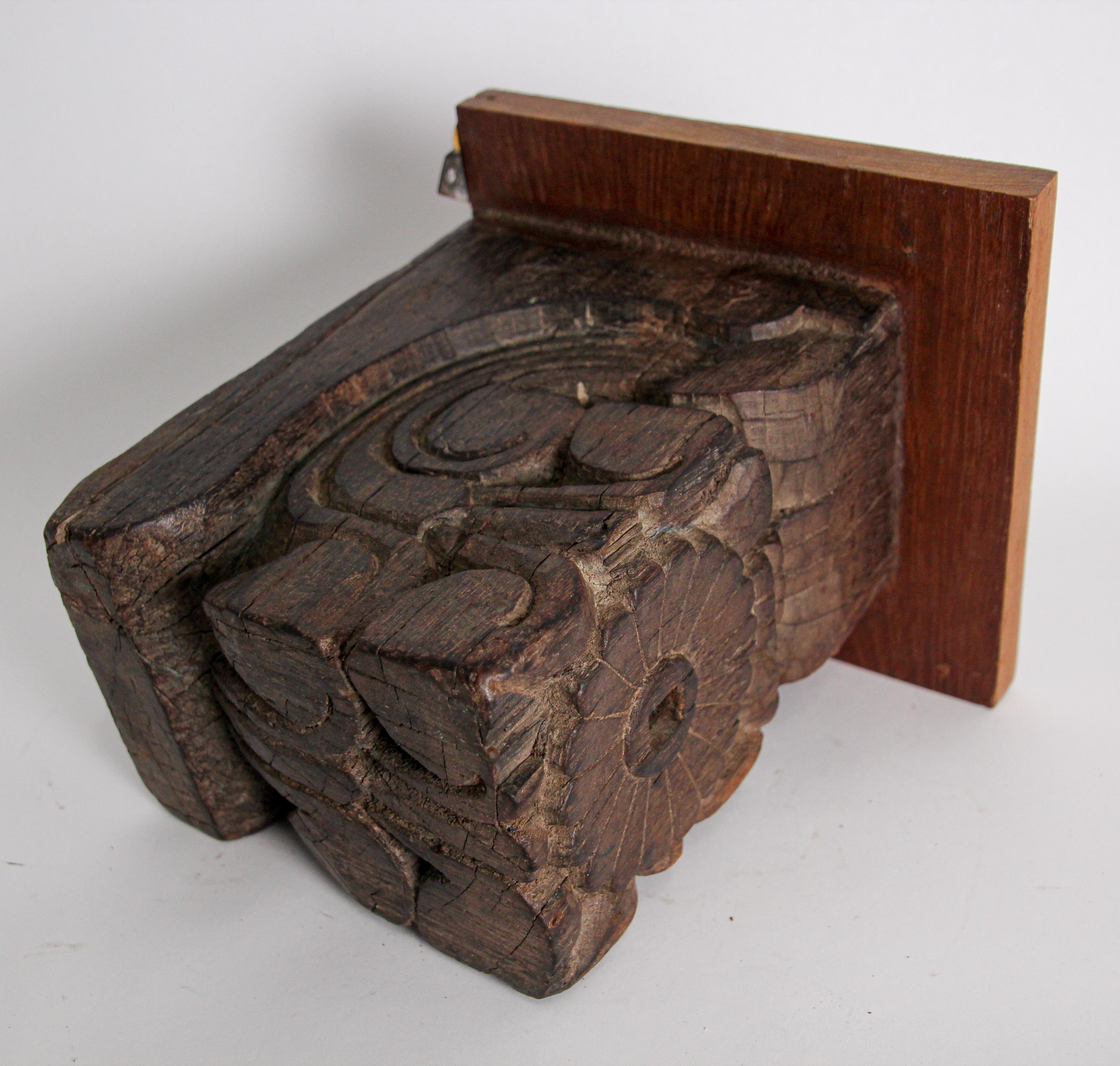 Anglo Raj Architectural Carved Wood Temple Fragment Wall Bracket from India For Sale