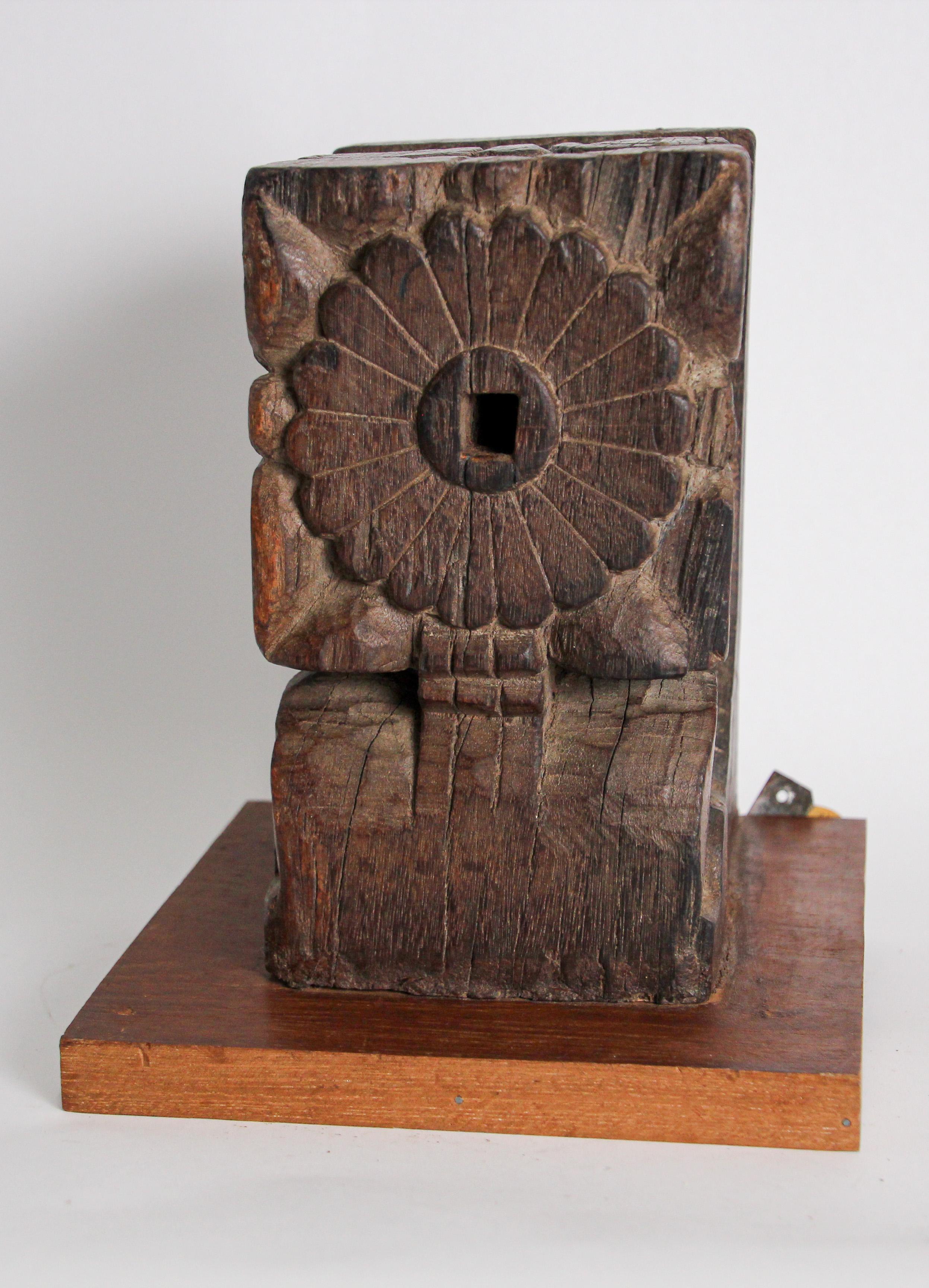 Architectural Carved Wood Temple Fragment Wall Bracket from India In Fair Condition For Sale In North Hollywood, CA