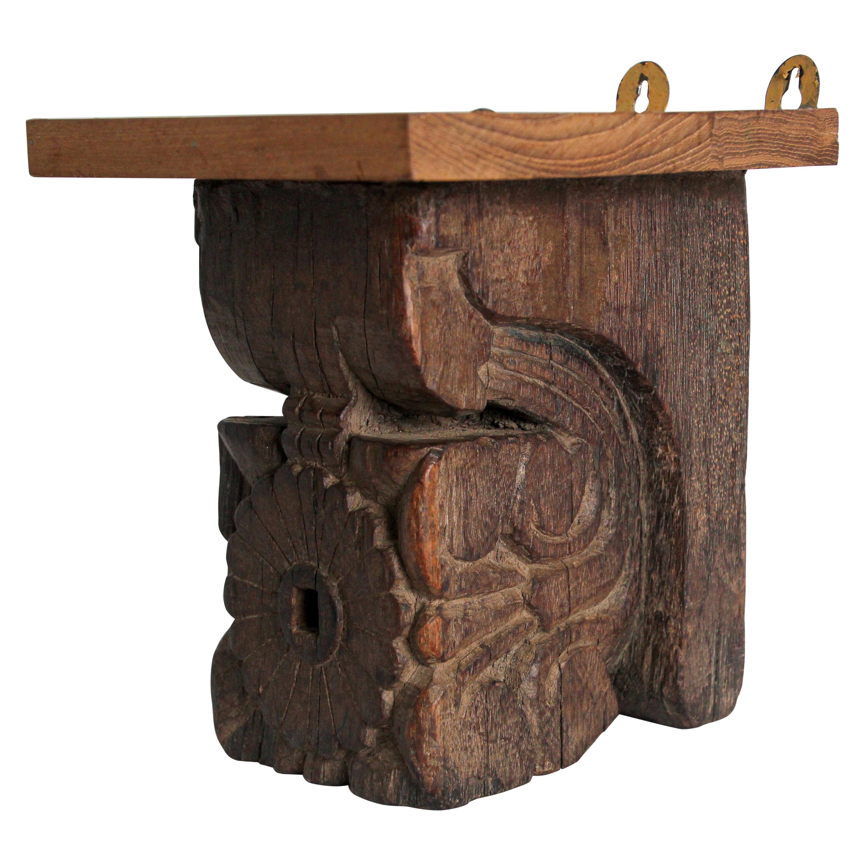 Architectural Carved Wood Temple Fragment Wall Bracket from India For Sale