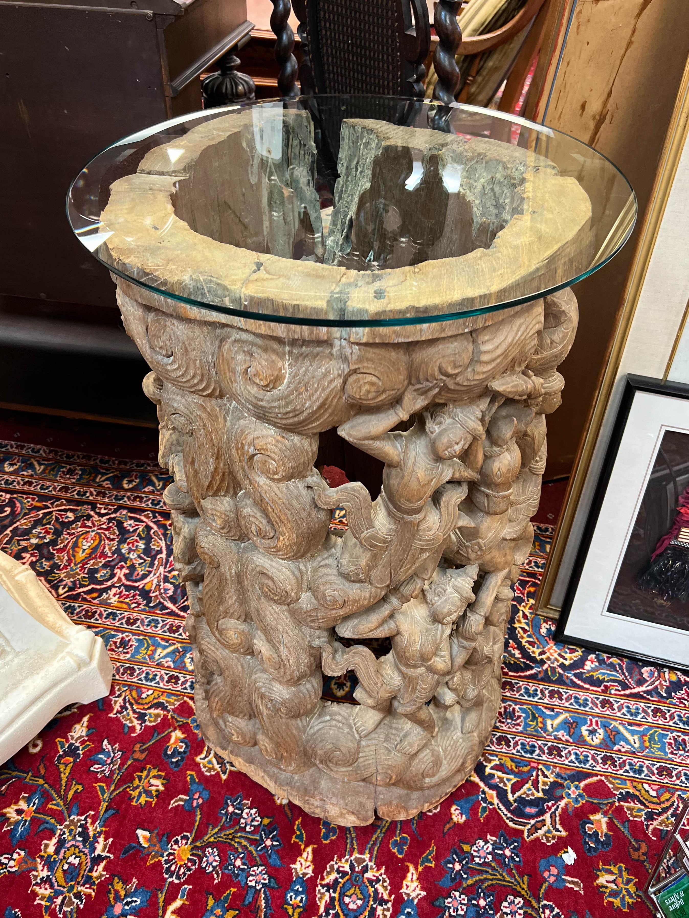 Hand-Carved Architectural Carved Wood Thai Drum Pedestal For Sale