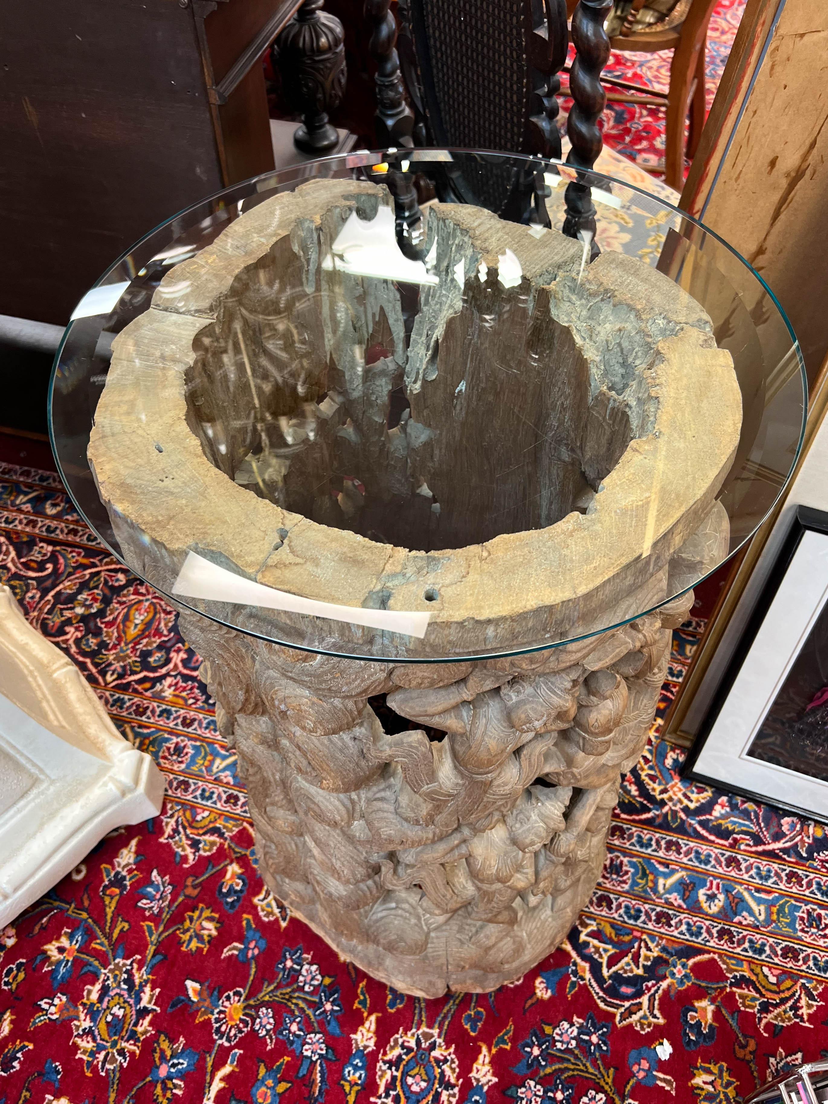 Architectural Carved Wood Thai Drum Pedestal In Distressed Condition For Sale In Palm Beach Gardens, FL