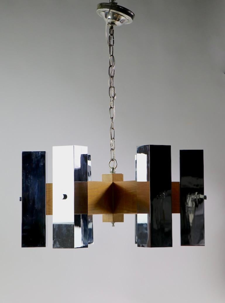 Architectural Chrome and Oak Spoke Form Chandelier  5