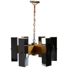 Architectural Chrome and Oak Spoke Form Chandelier 