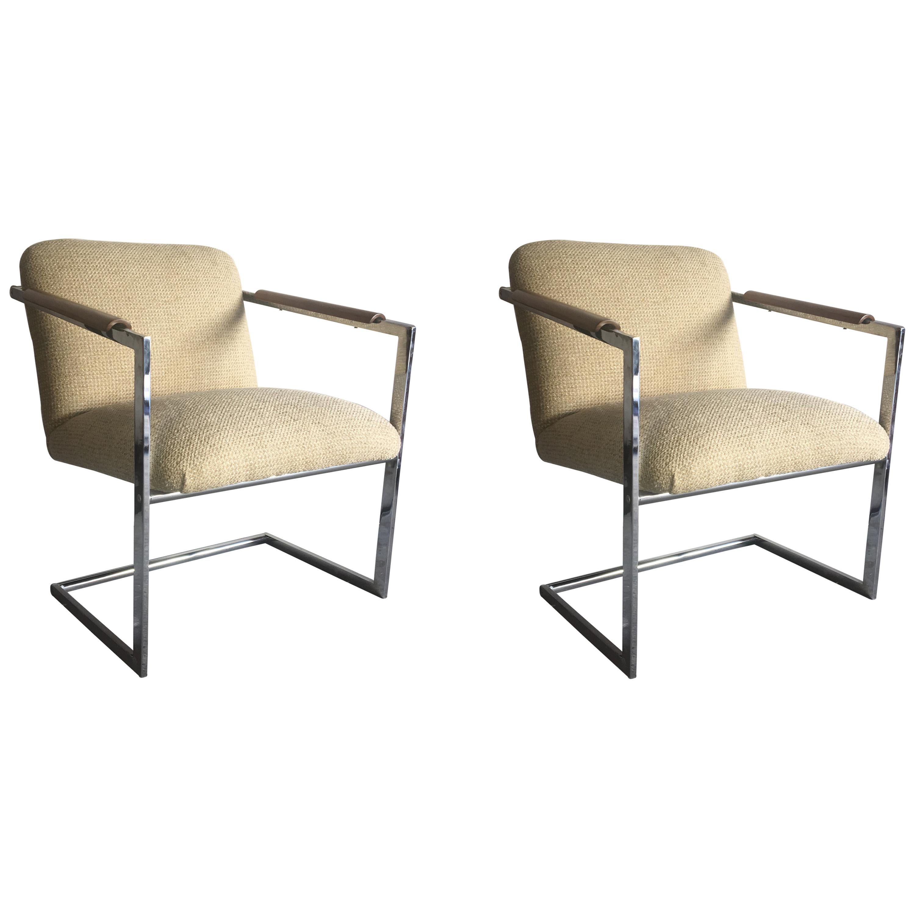 Cantilevered Chrome Pair of Chairs in the Manner of Milo Baughman