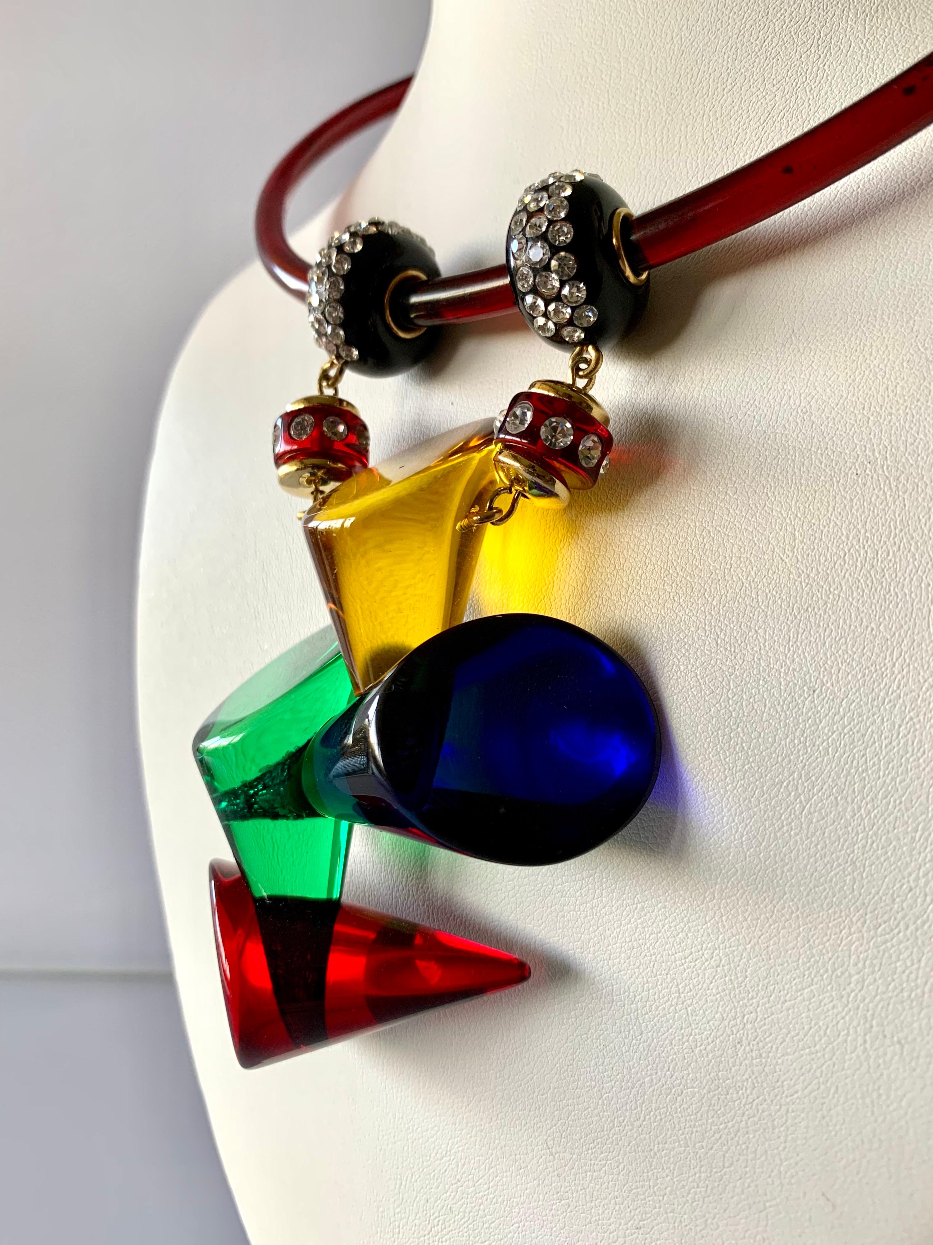 Contemporary Architectural Colorful Acrylic Diamante Drop Statement Pendant Necklace