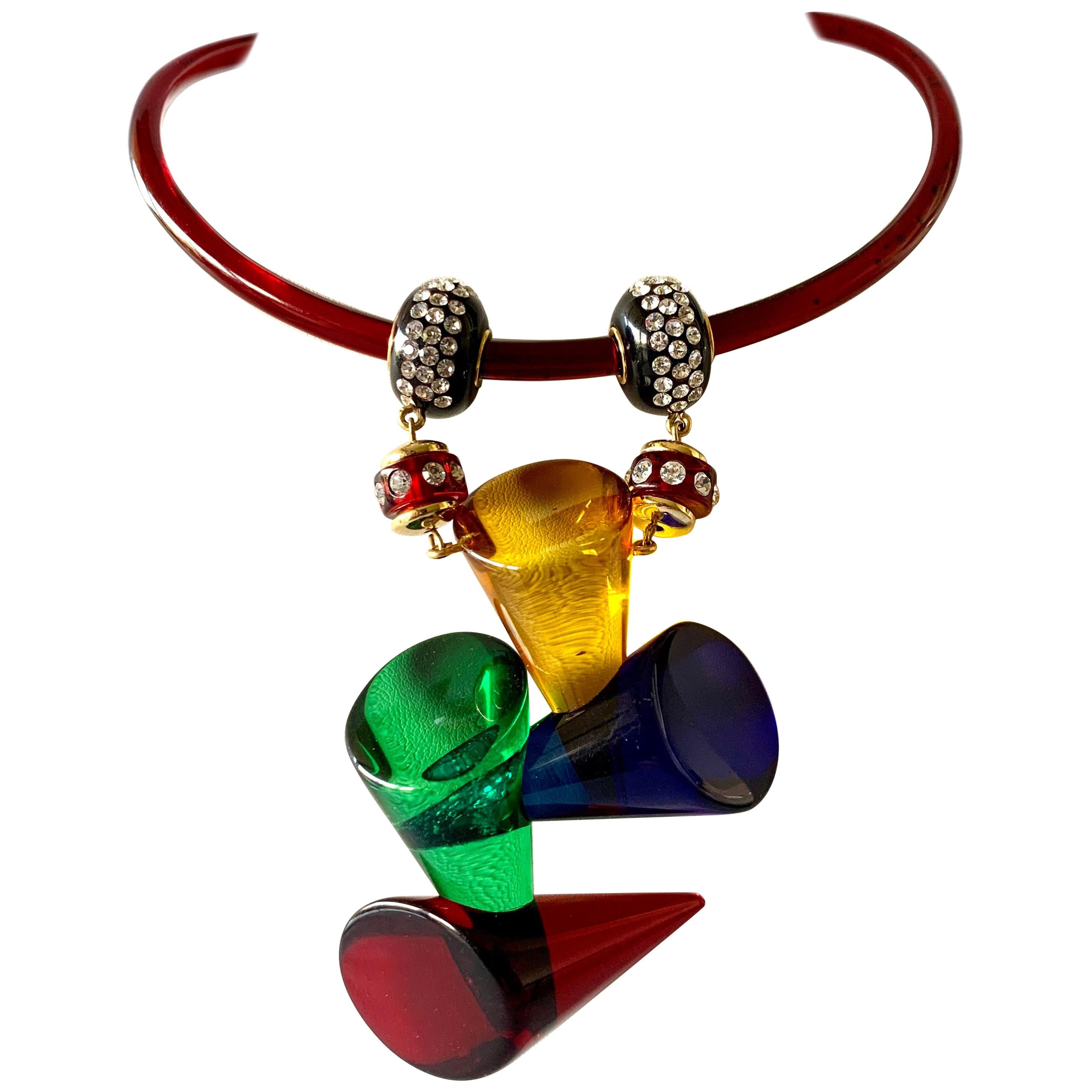 Architectural Colorful Acrylic Diamante Drop Statement Pendant Necklace