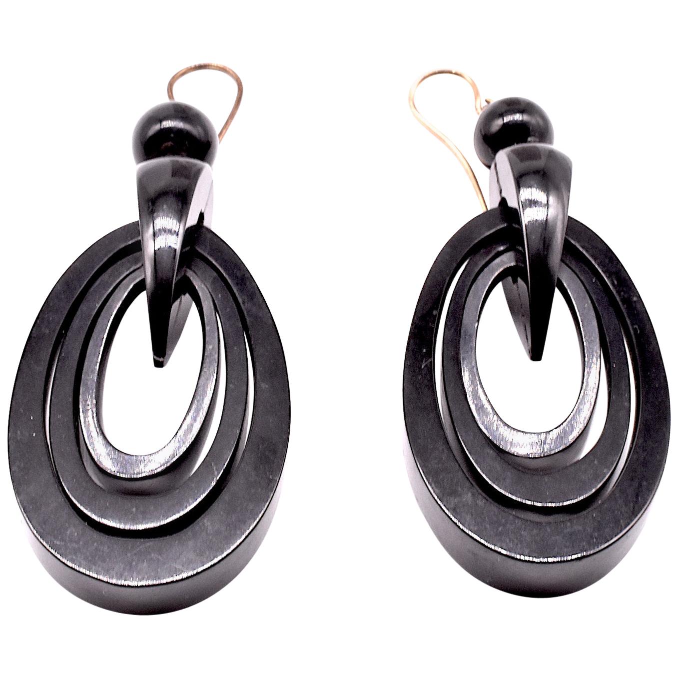 Antique Architectural Concentric Circle Whitby Jet Earrings
