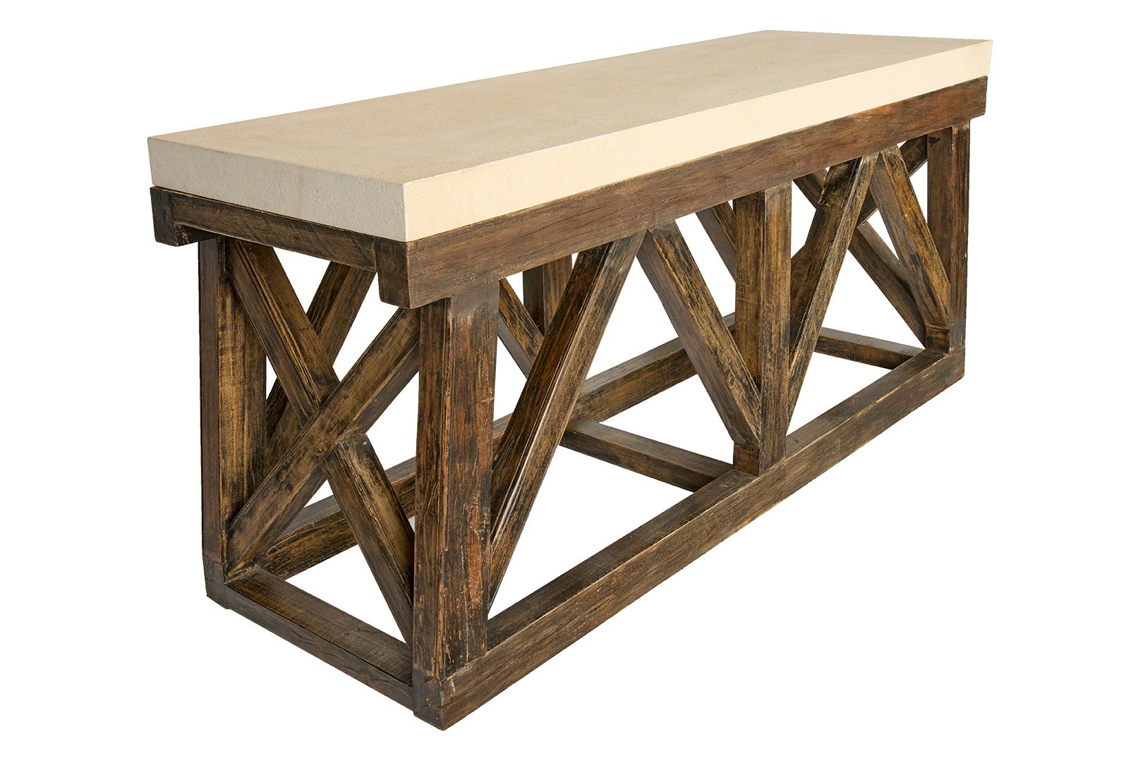 Rustic Architectural Console Table - Oak with Limestone Top For Sale