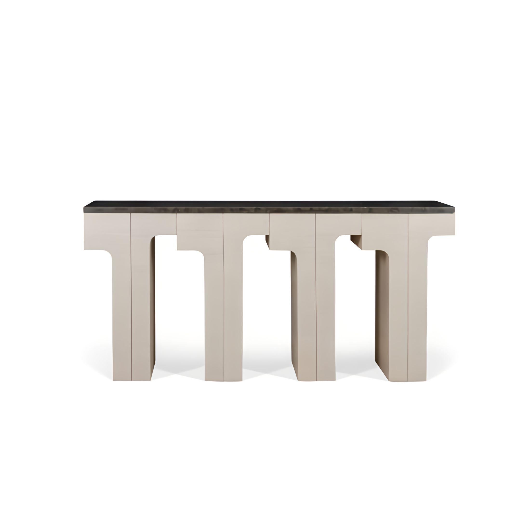 This impressive and modern console table is a beautiful combination of natural stone and wood. It features a sleek, rectangular top made from Marron Vitta stone, which has a polished finish that enhances the stone's rich, dark tones and intricate
