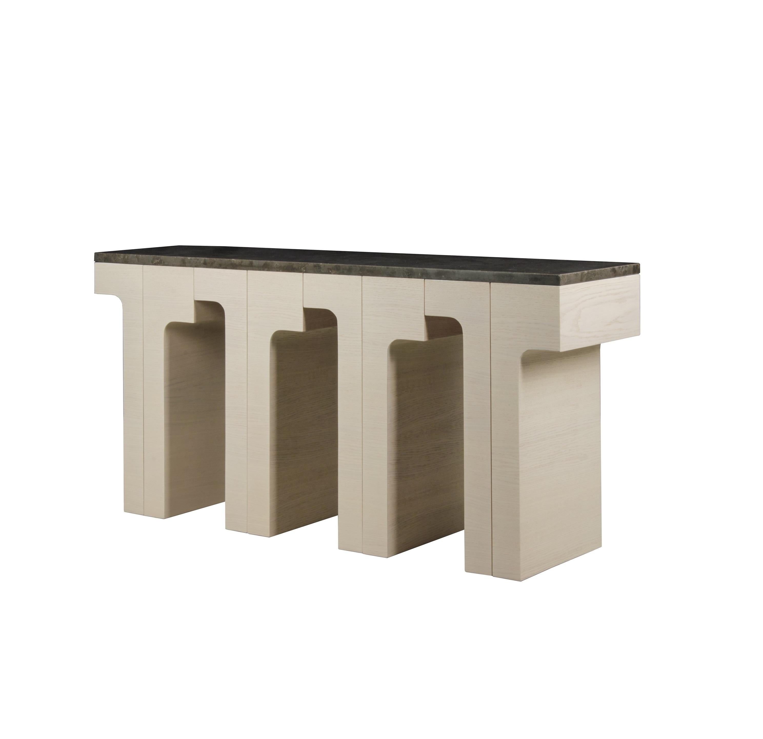 Portuguese Architectural Console Table with Marble Top & Limed Oak Structure By José Castro For Sale