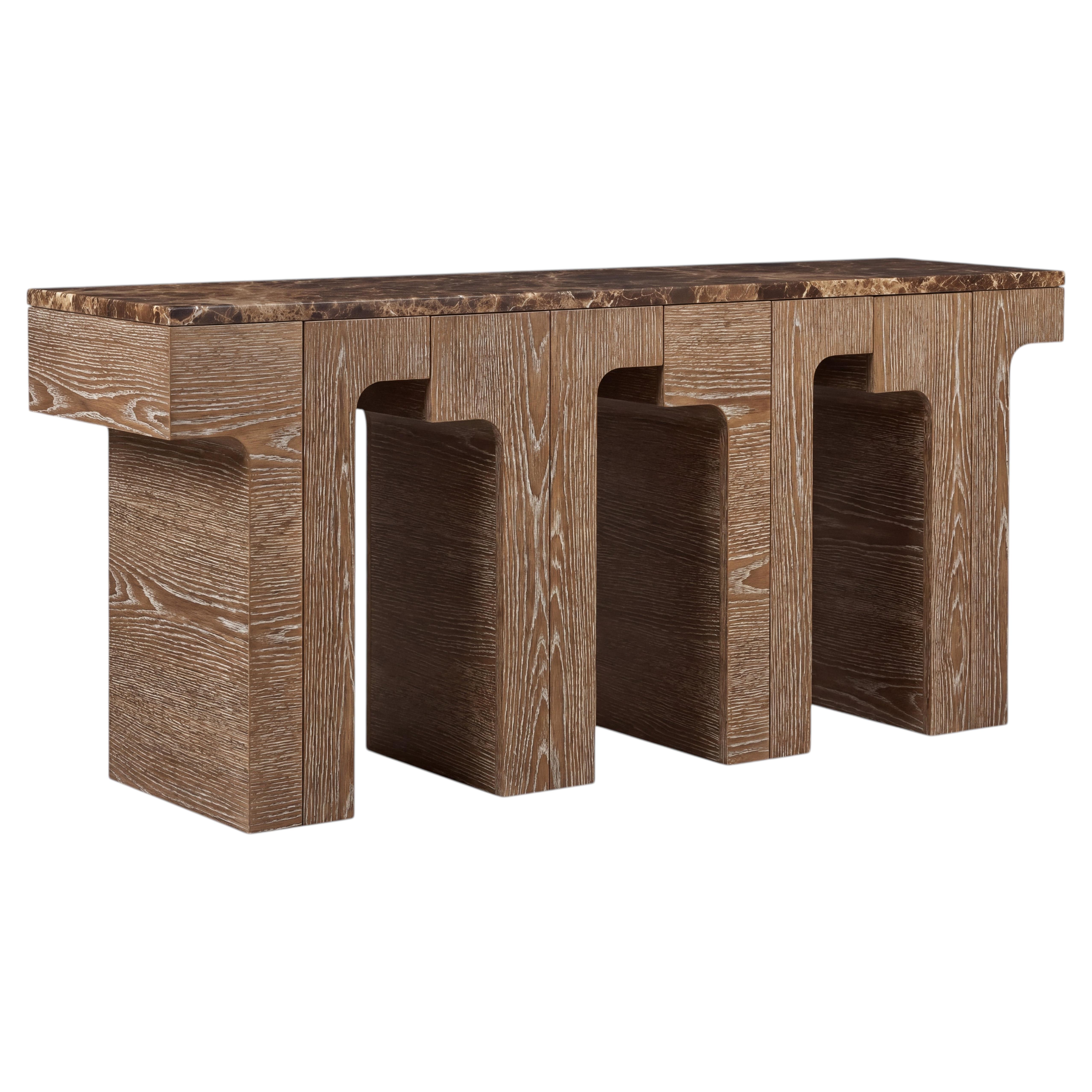 Architectural Console Table with Marble Top & Limed Oak Structure By José Castro For Sale