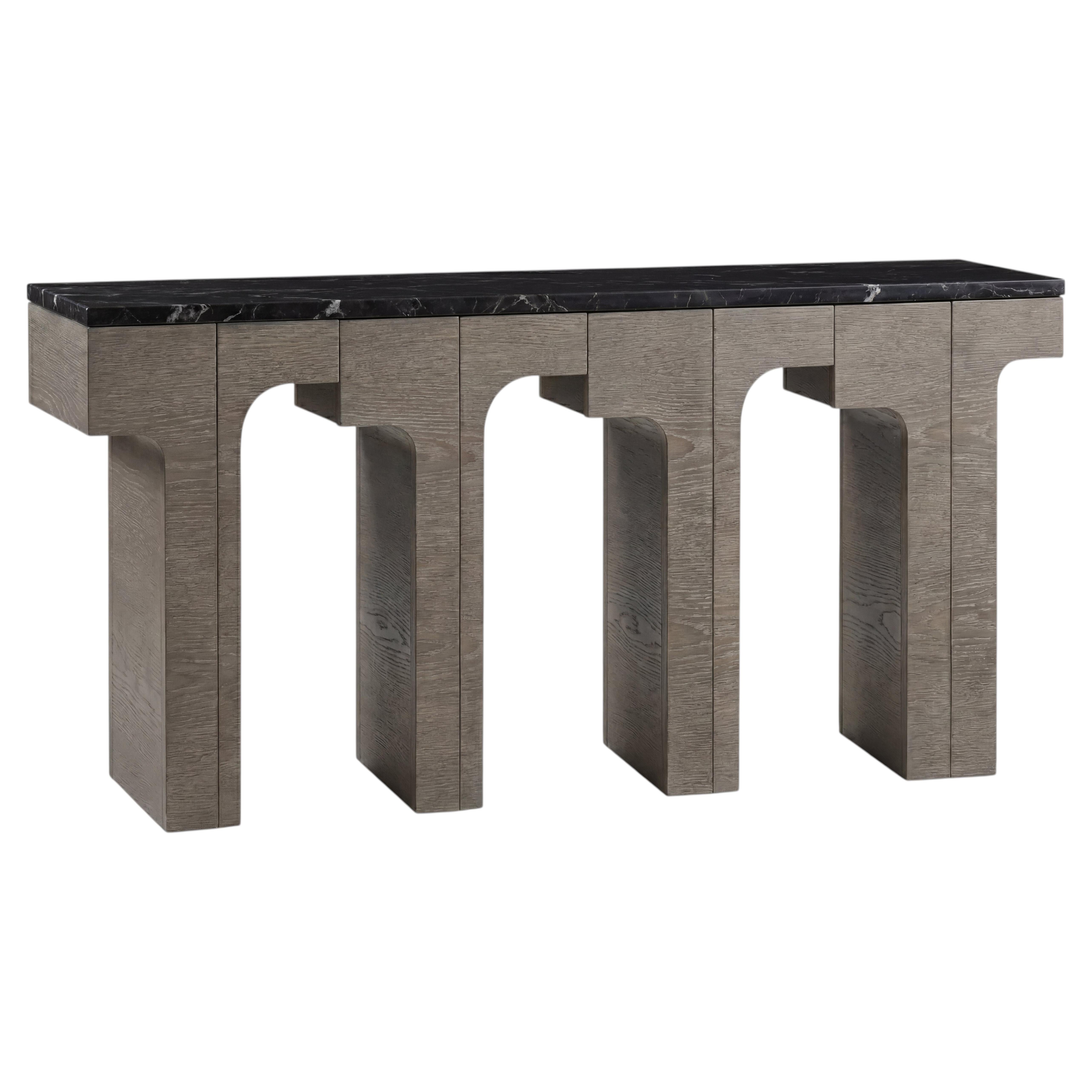 Custom Architectural Console Table with Marble Top & Grey Washed Oak Structure For Sale