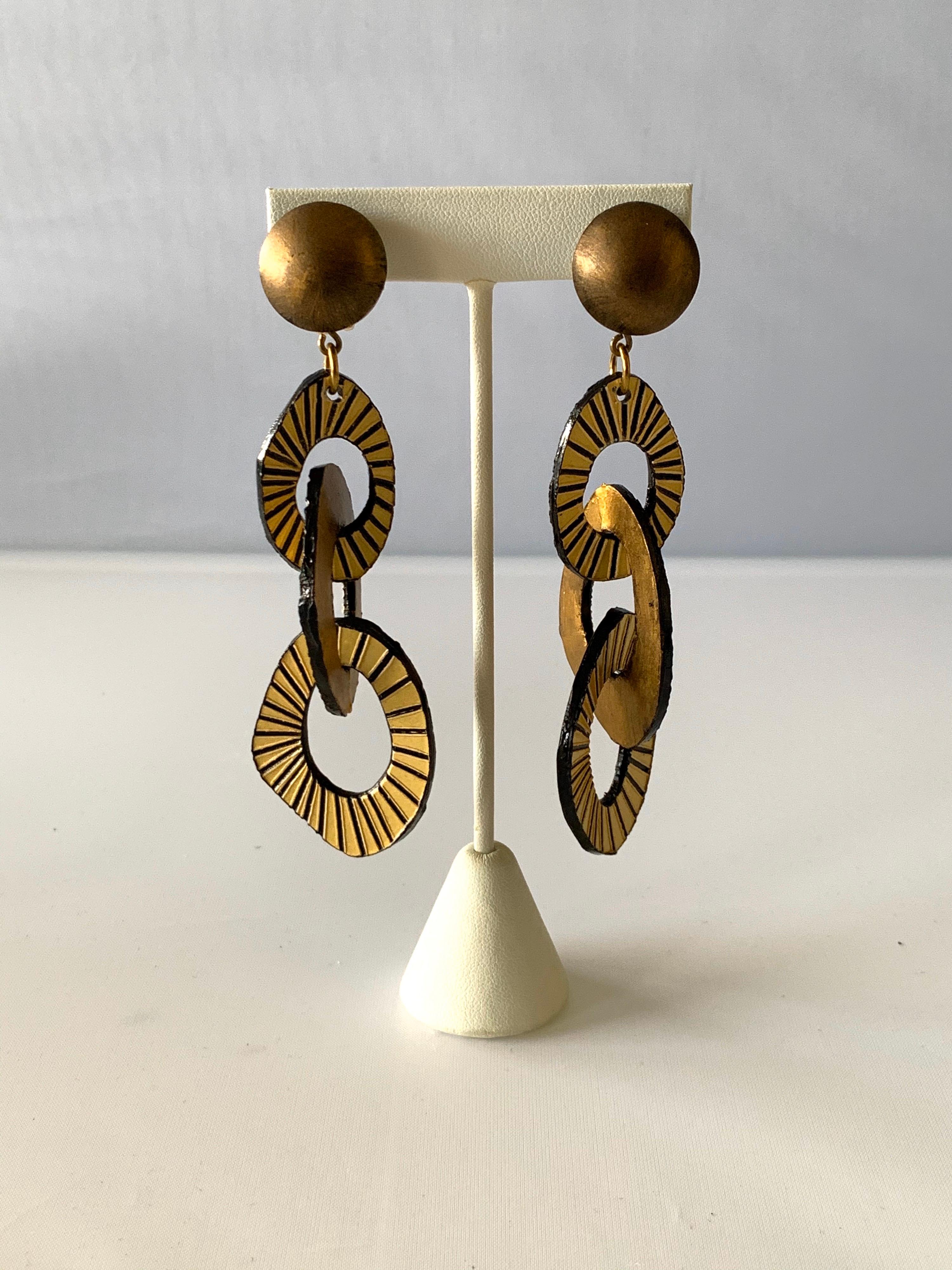 Women's Architectural Contemporary Designer Bronze and Gold Statement Earrings