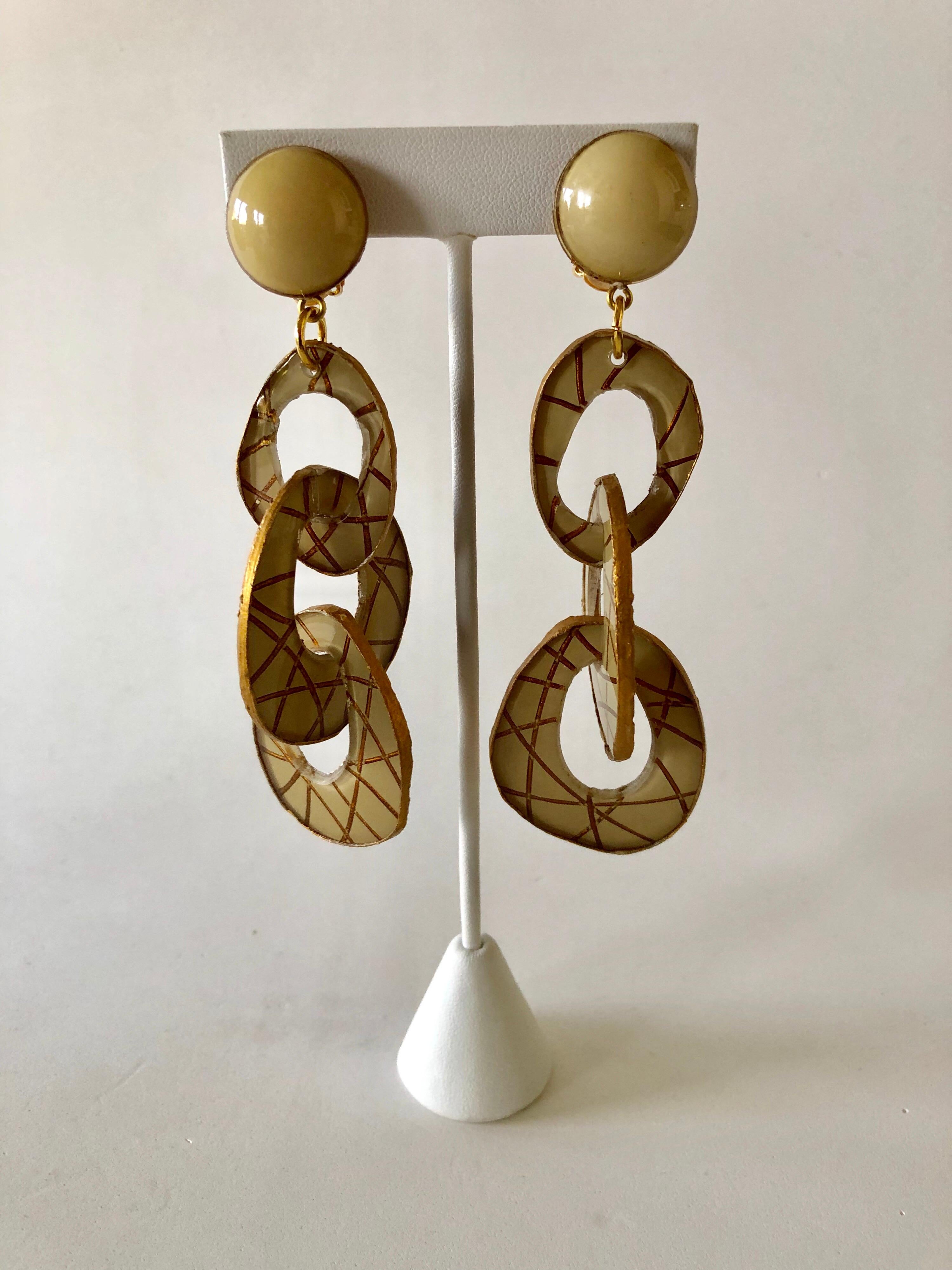 Architectural Contemporary Designer Taupe Gold Statement Earrings 2