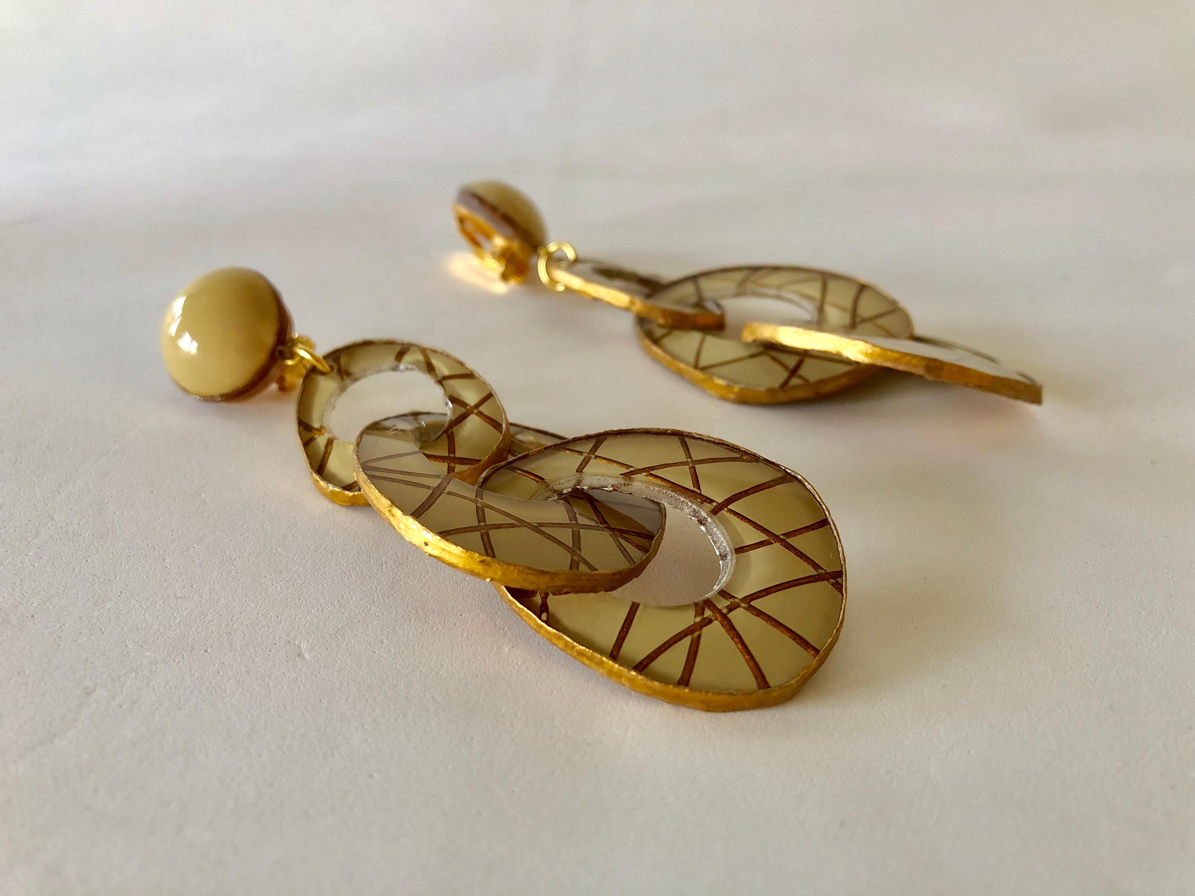 Architectural Contemporary Designer Taupe Gold Statement Earrings 3