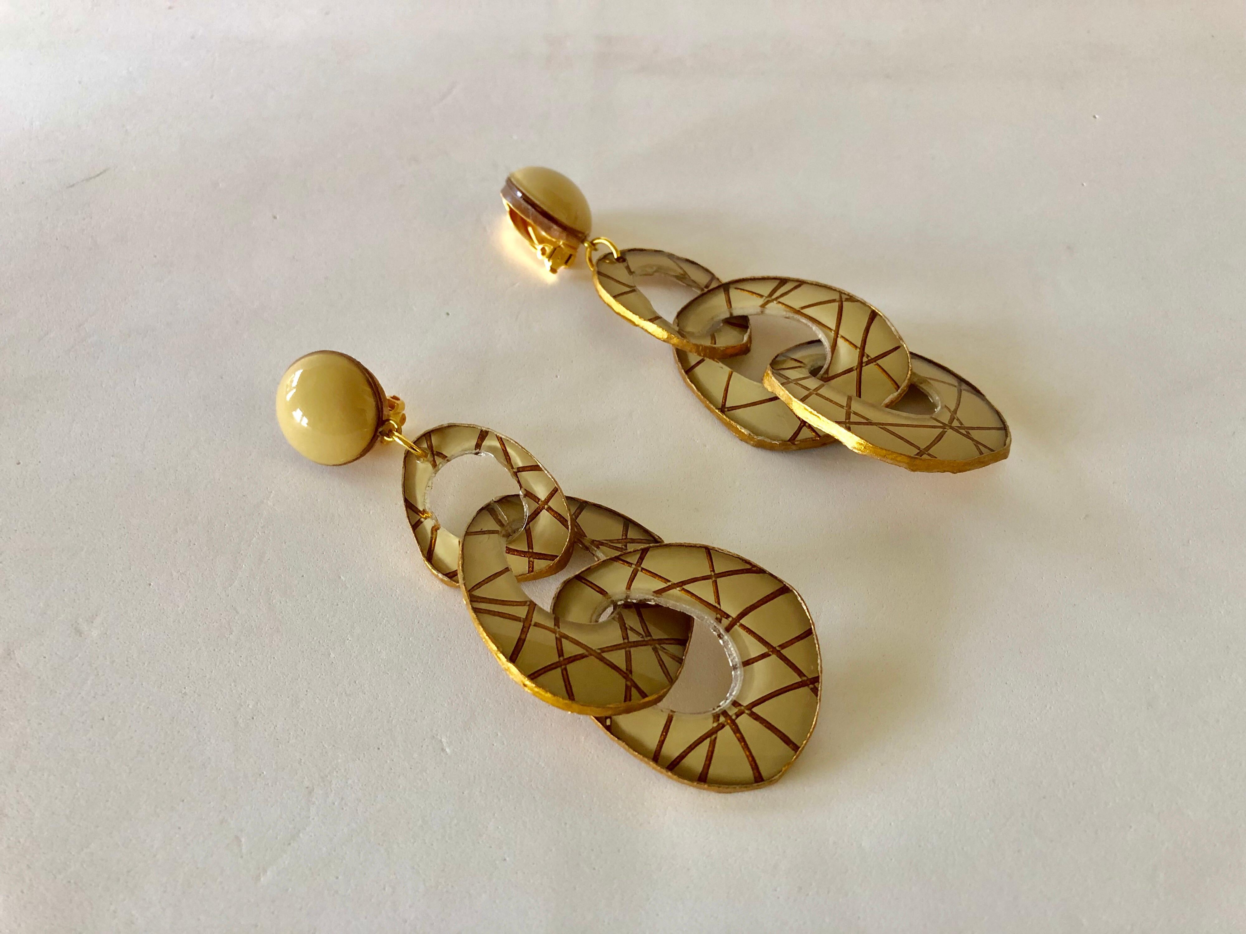 Architectural Contemporary Designer Taupe Gold Statement Earrings 4
