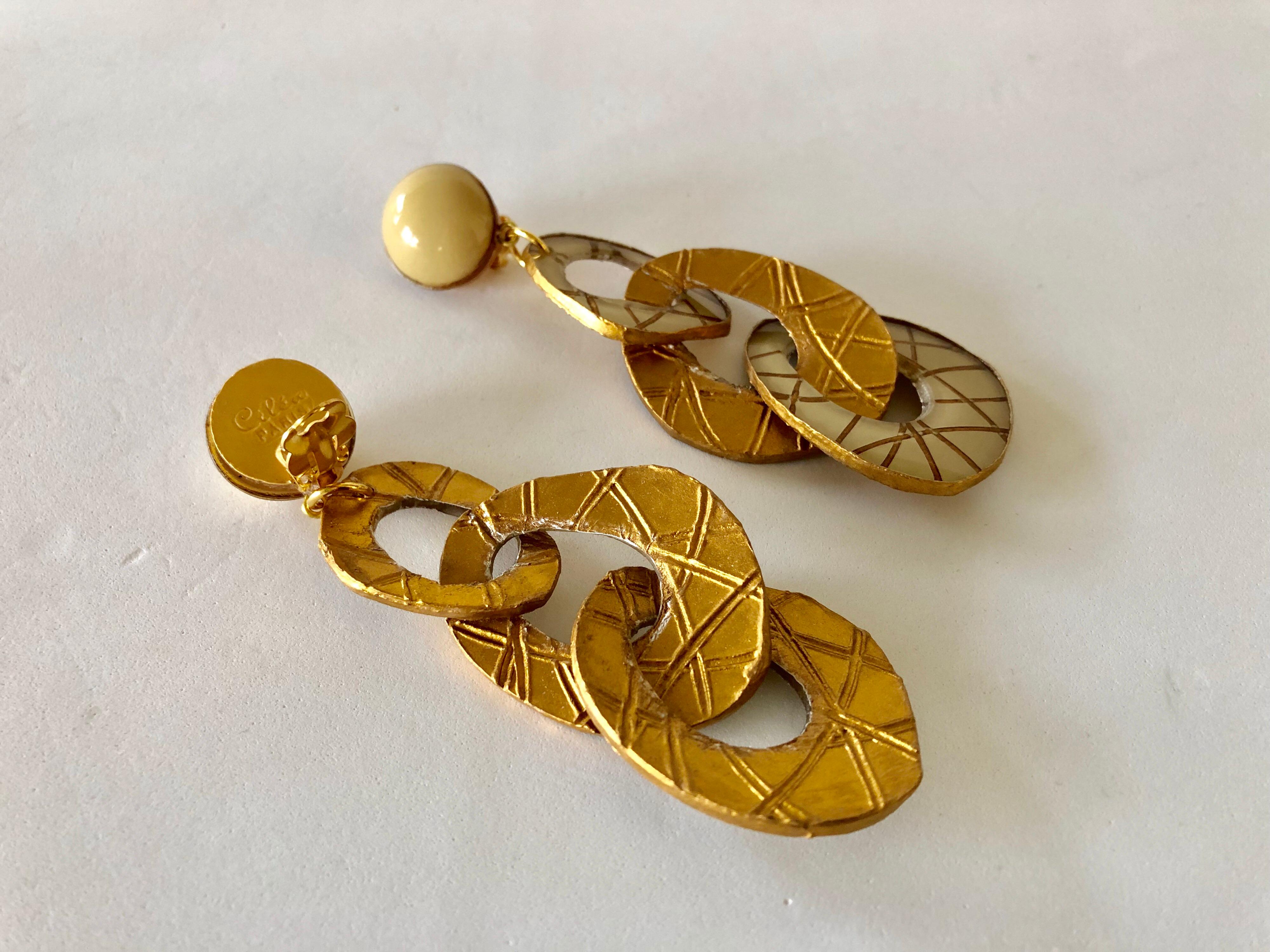 Architectural Contemporary Designer Taupe Gold Statement Earrings 5